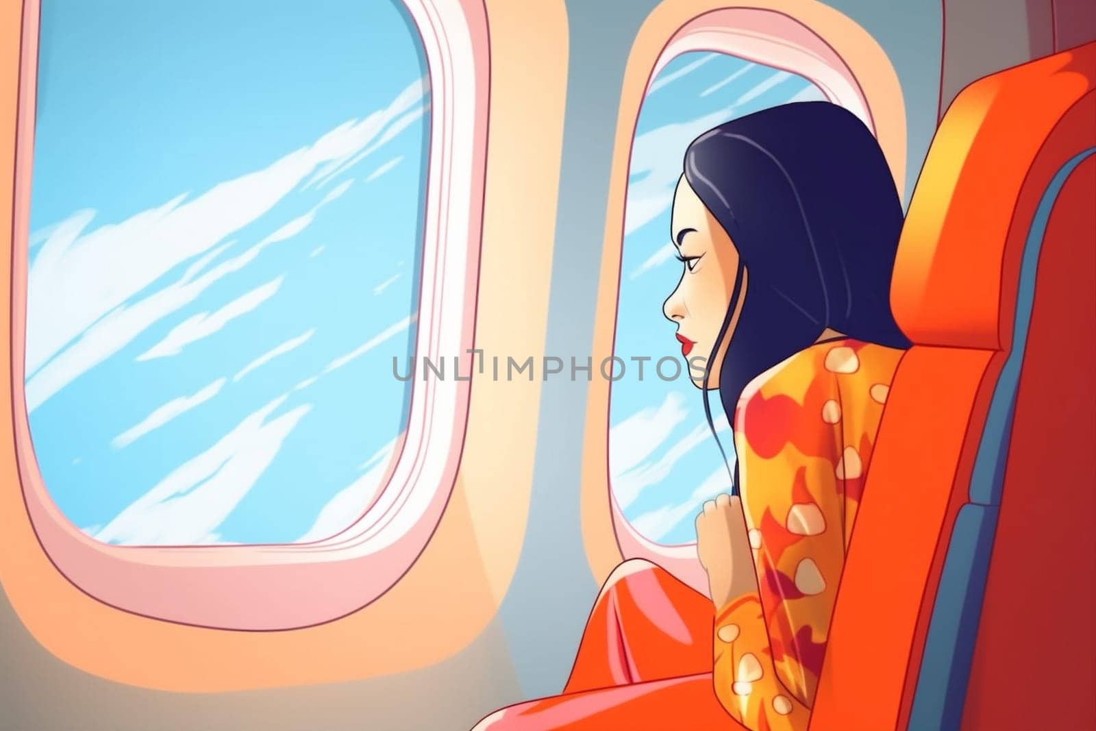 seat woman trip plane passenger character flight aircraft journey window transportation. Generative AI. by Vichizh