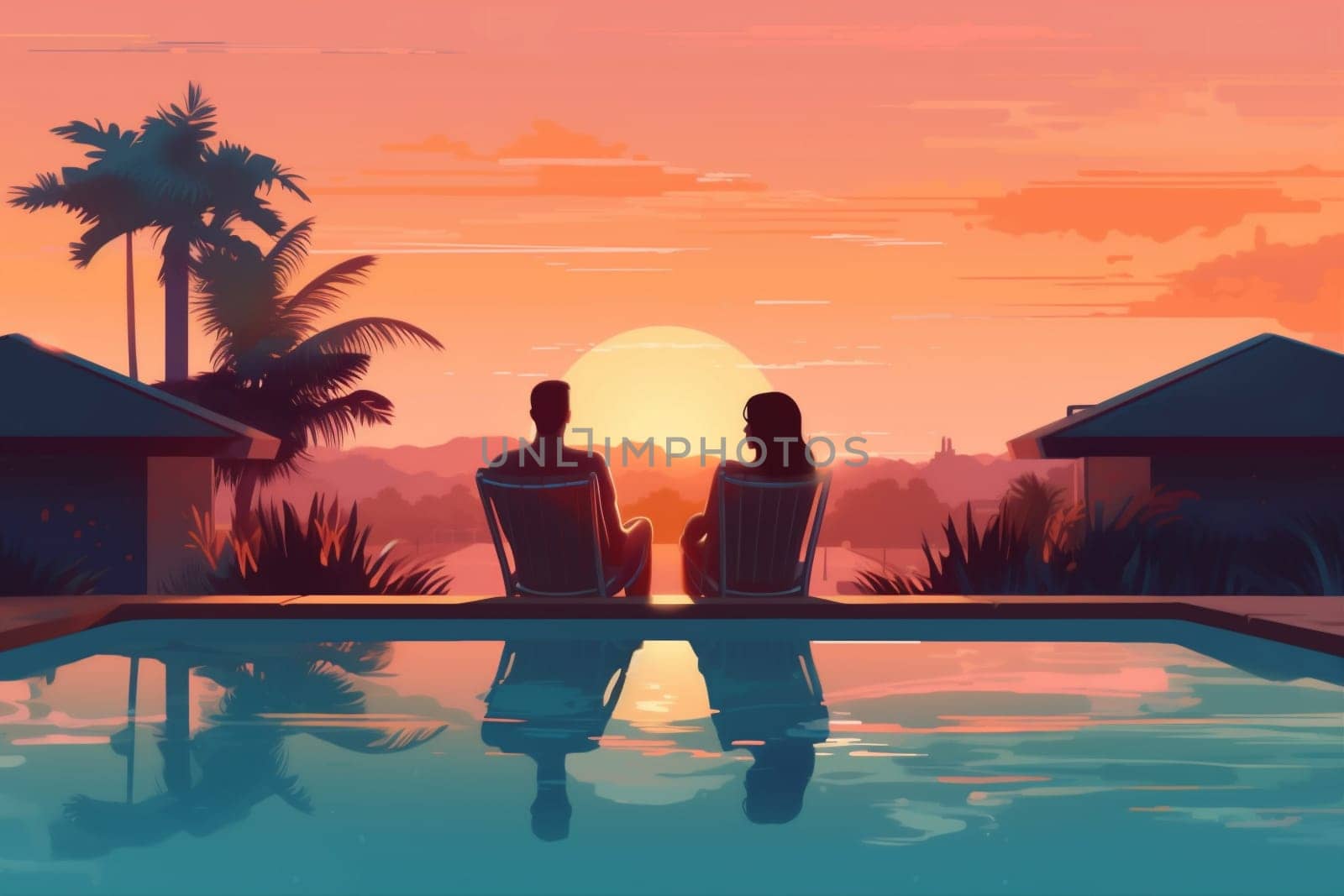 swimming vacation honeymoon pool back sunset travel romantic relax couple. Generative AI. by Vichizh