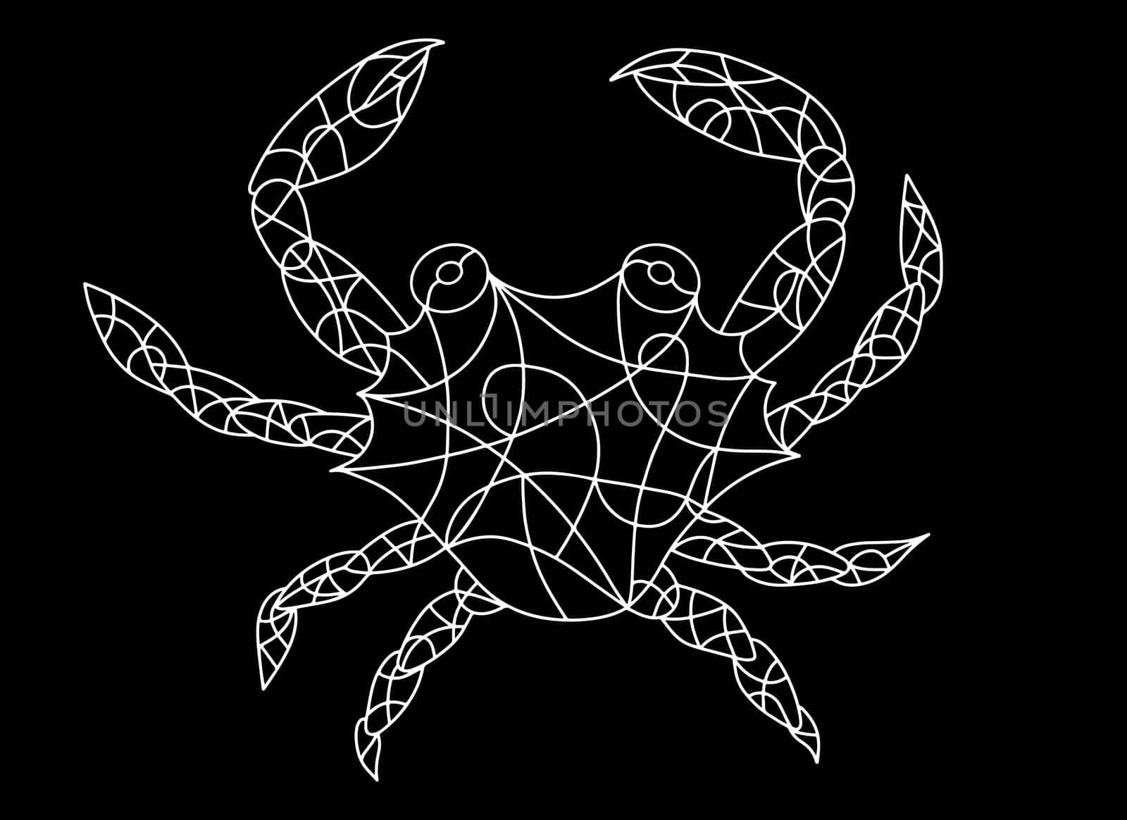 Black and White Crab Stained Glass Mosaic Tiles. Coloring Book Adult. Coloring Page for Kids. Isolated Sea Animal Cartoon Print in Outline.