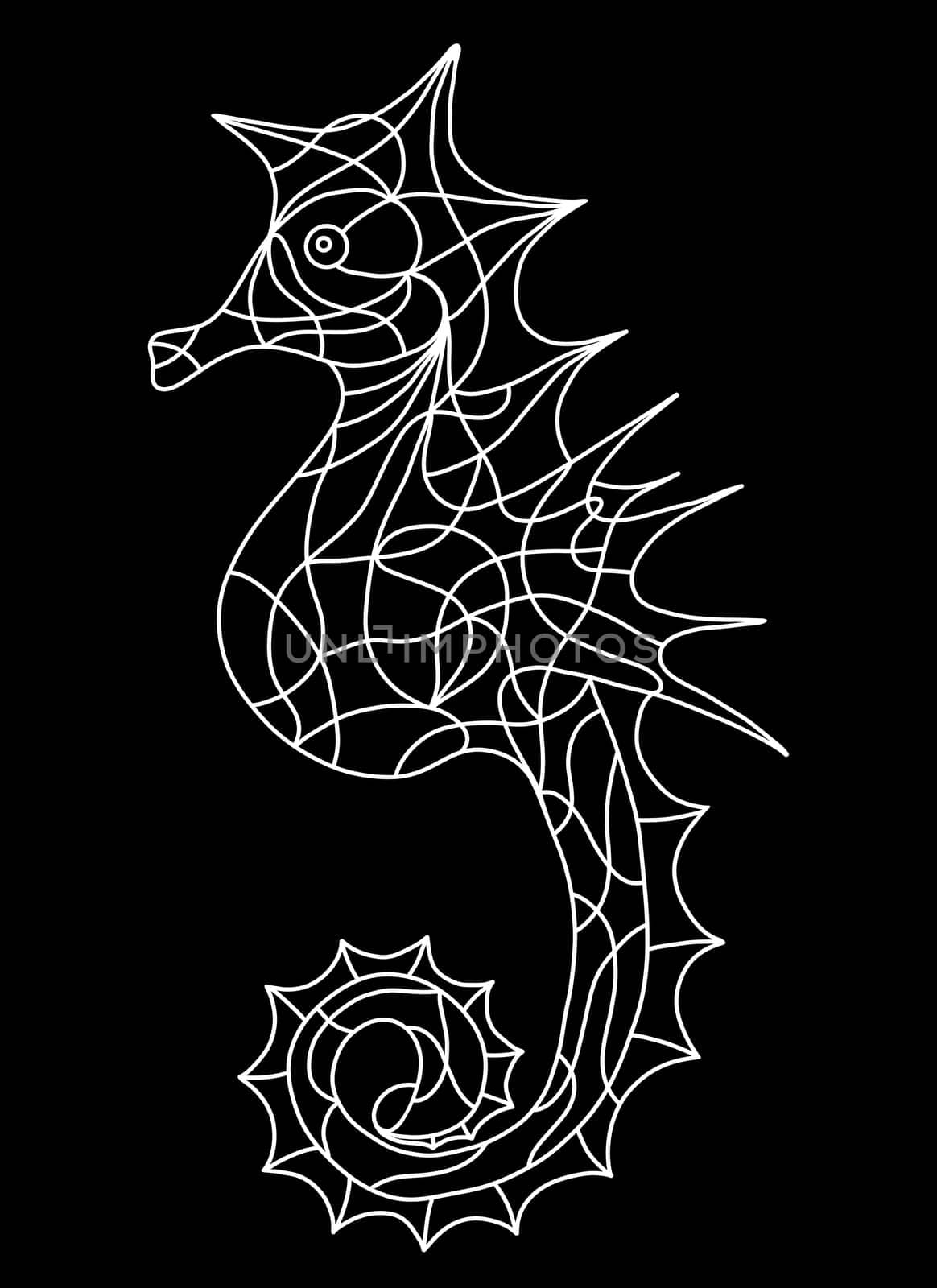 Sea Horse Isolated Logo. Hand Drawn Black and White Seahorse Illustration. Sea Horse in Stained Glass Window Style. Coloring Book Pages for Adult.