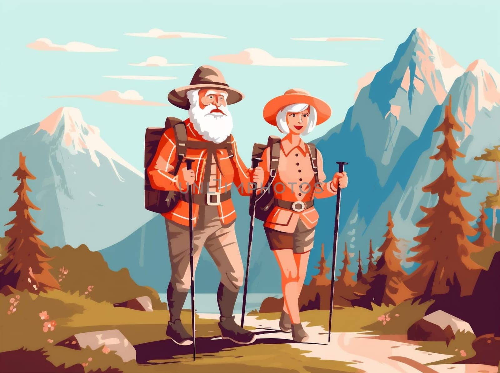 old summer run walking grandfather senior together nature kid couple happy cartoon hiking trekking active grandmother road elderly family activity. Generative AI.