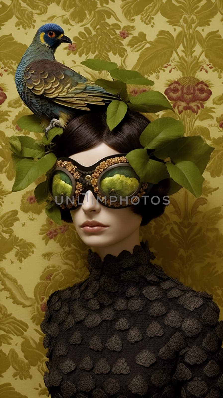 woman portrait fairy peacock white tropical jungle bird young beauty glamour girl fashion hair rose face nature beautiful flower fantasy color. Generative AI.