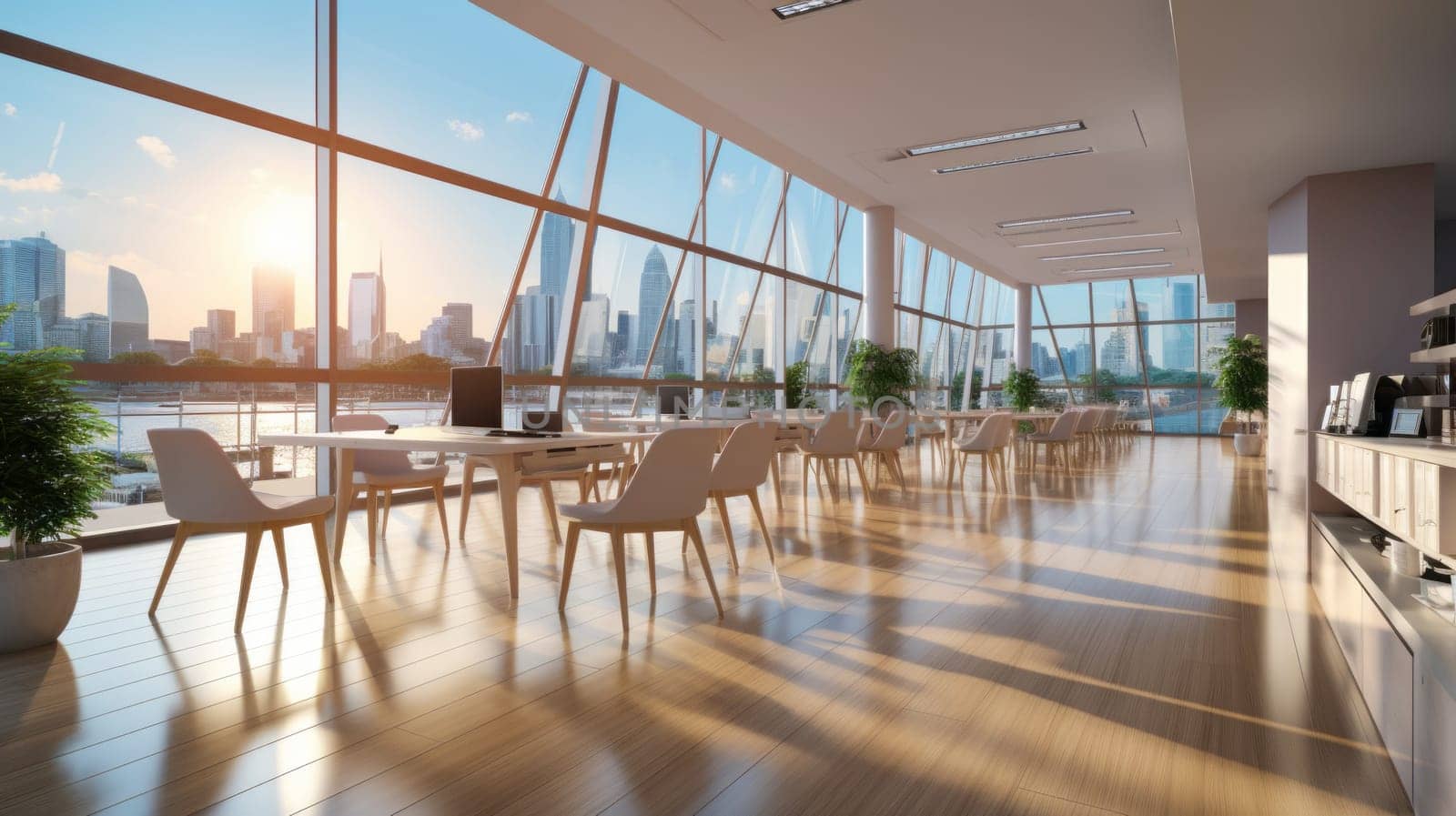 A beautiful modern spacious office hall with panoramic windows and a perspective in pleasant natural beige.