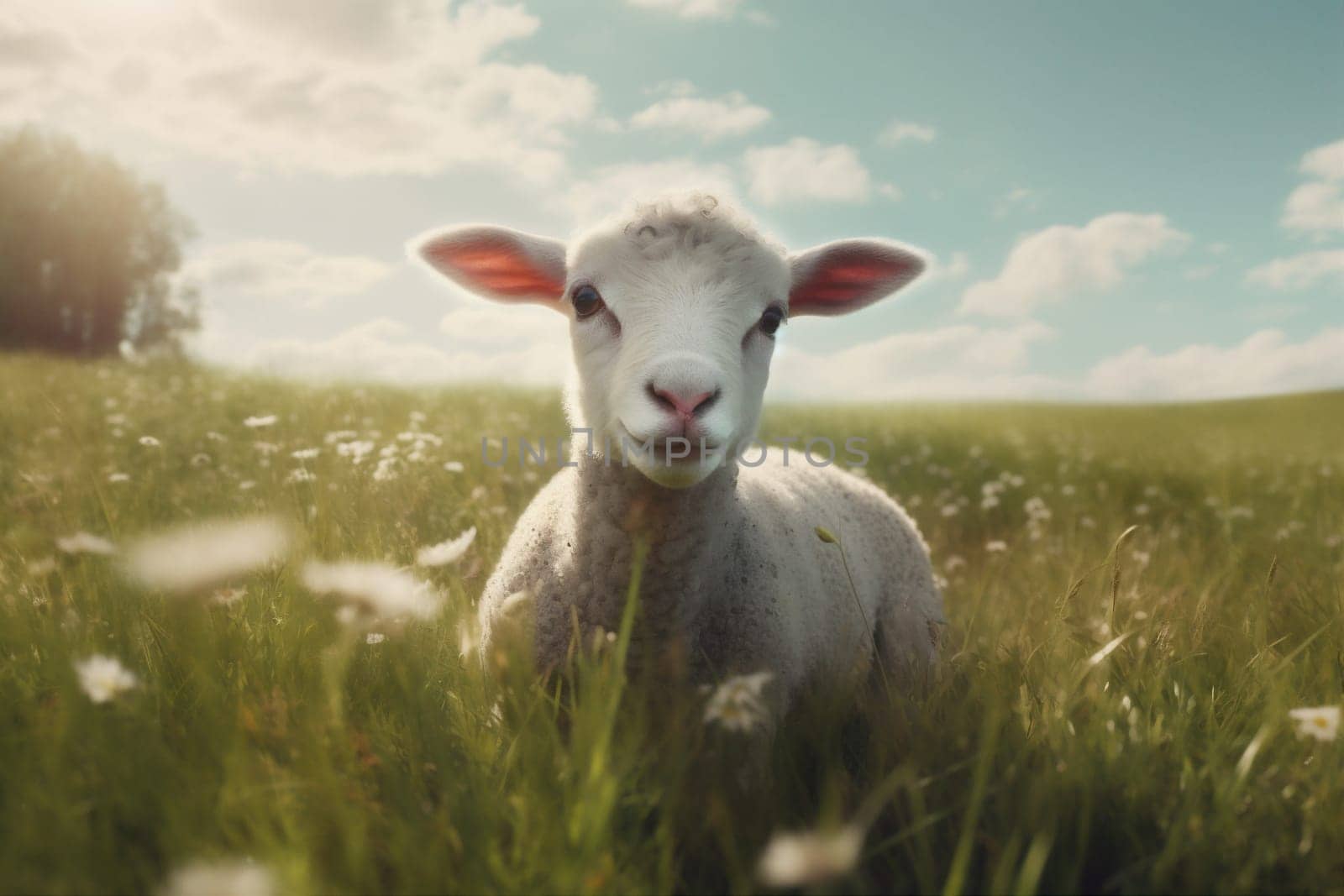 green sun farm sheep grass wool meadow animal field lamb. Generative AI. by Vichizh