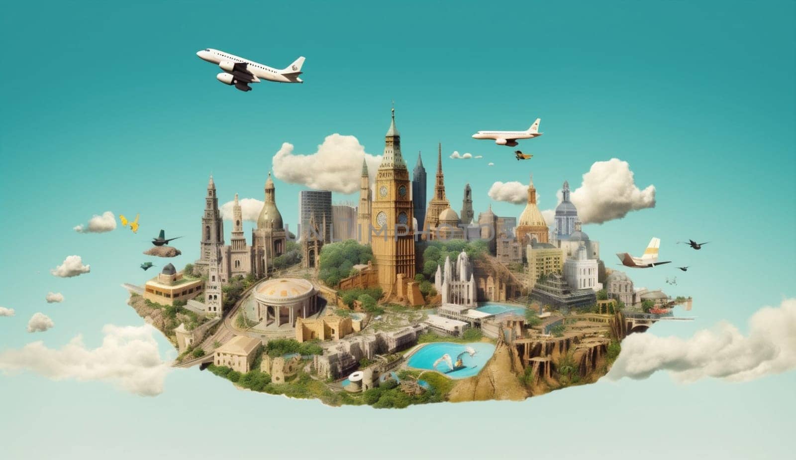 global earth map plane three-dimensional journey worldwide illustration symbol travel traveling europa london voyage holiday usa business city globe concept. Generative AI.