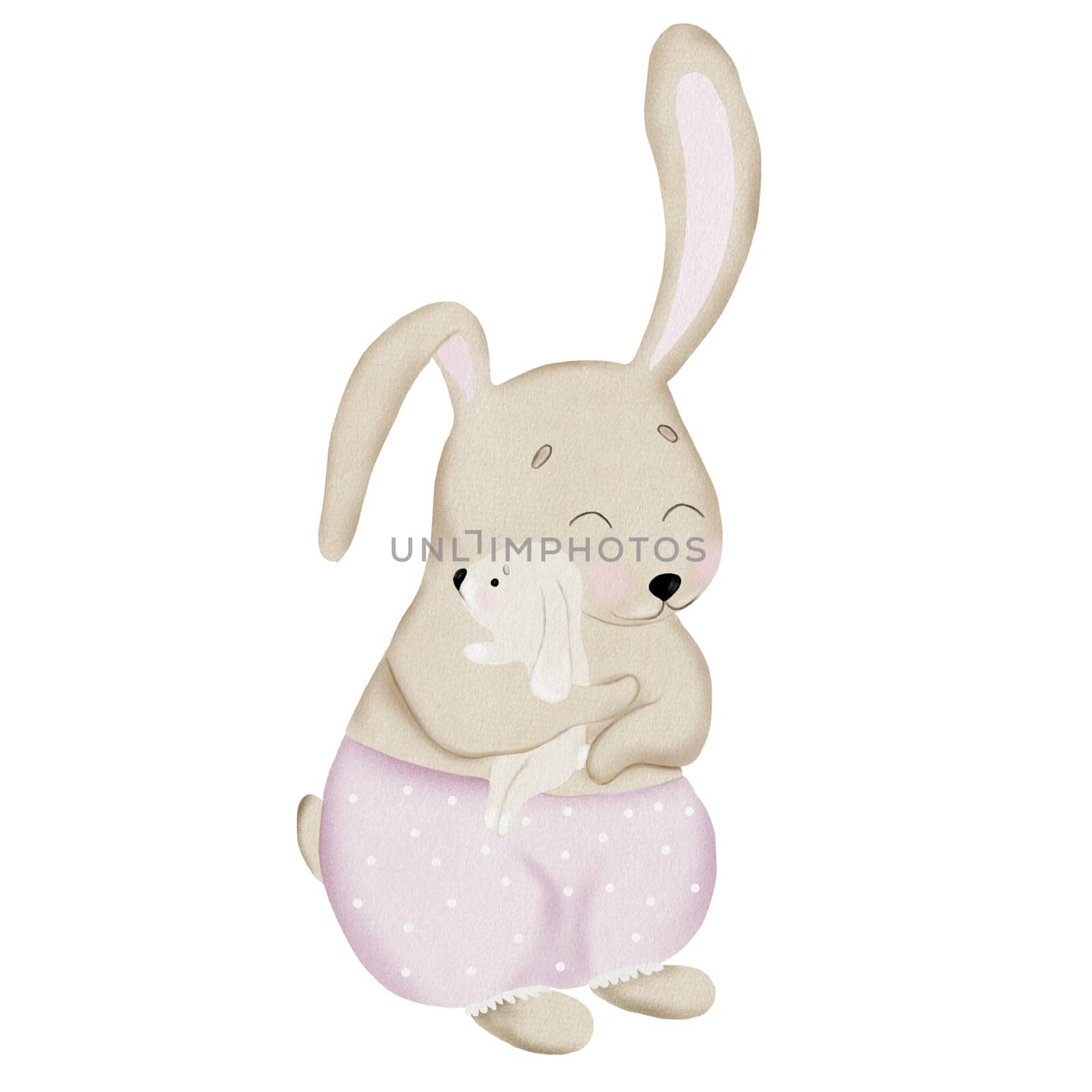 Watercolor illustration of bunnies mom and baby. Cute cartoon animal drawing in pastel colors for Mother's Day cards and nursery posters. room. High quality photo