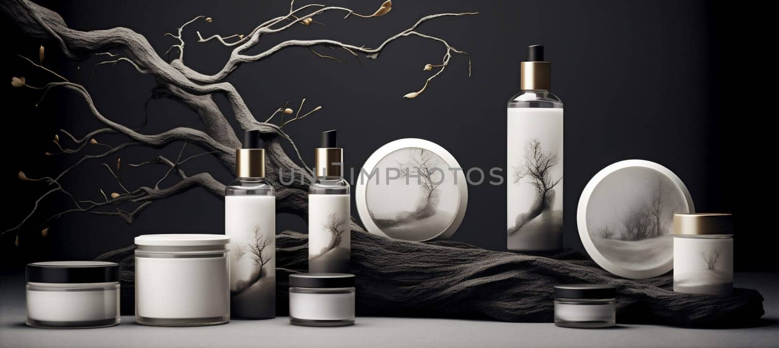 bottle background nature tree minimalist beauty cosmetic tree branch natural layout product. Generative AI. by Vichizh