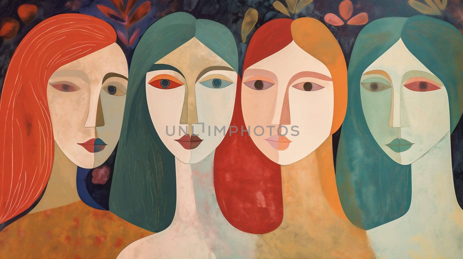 woman colours female social white diversity girl adult solidarity power together black right face ethnic young women's group equality character background day. Generative AI.