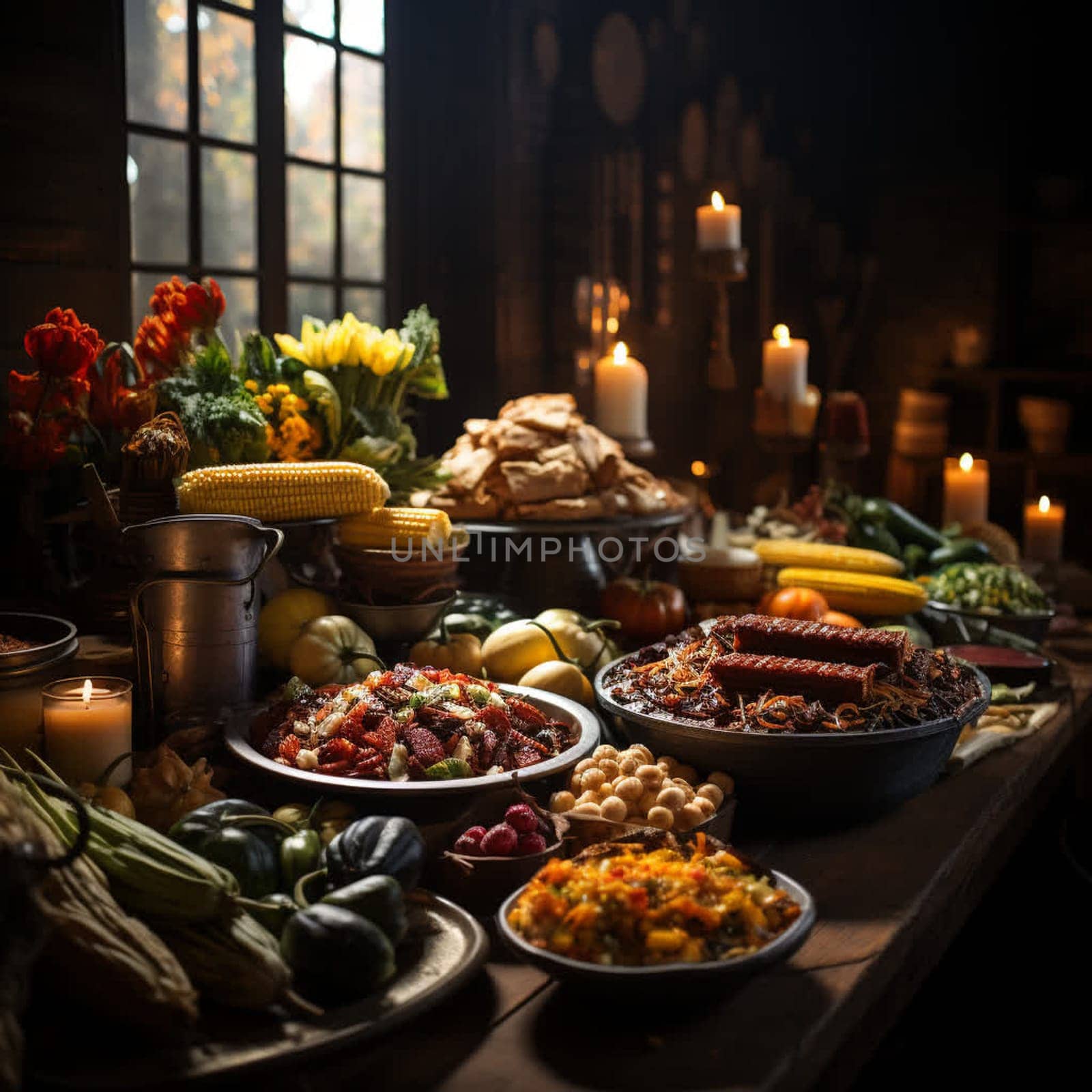 Large wooden table with food for cooking delicious traditional dishes for the holiday.