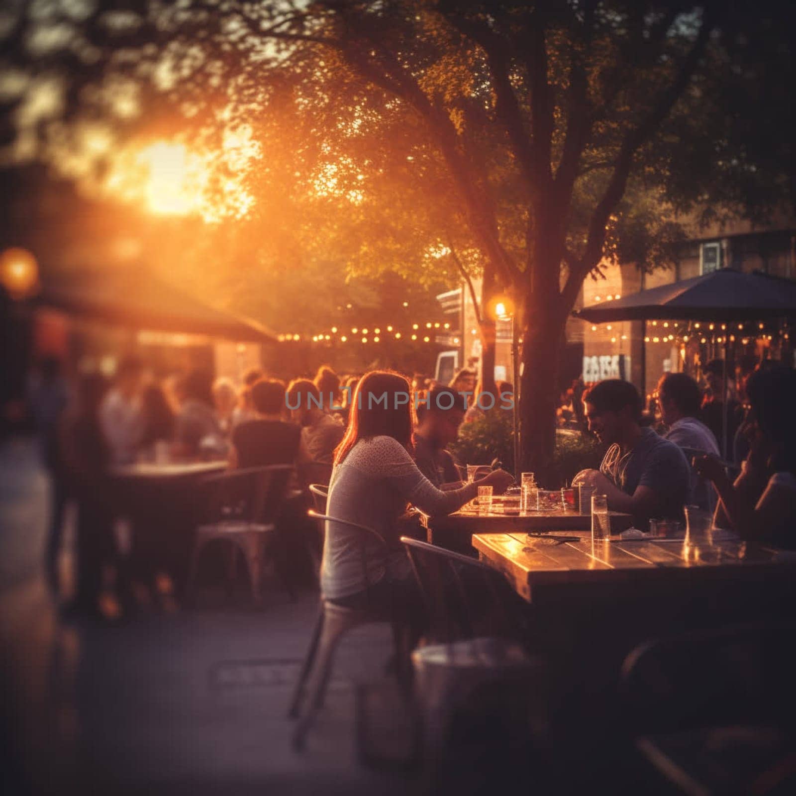 Blurred image of a street cafe or bar in the light of evening lights. In summer people sit at cafe tables.