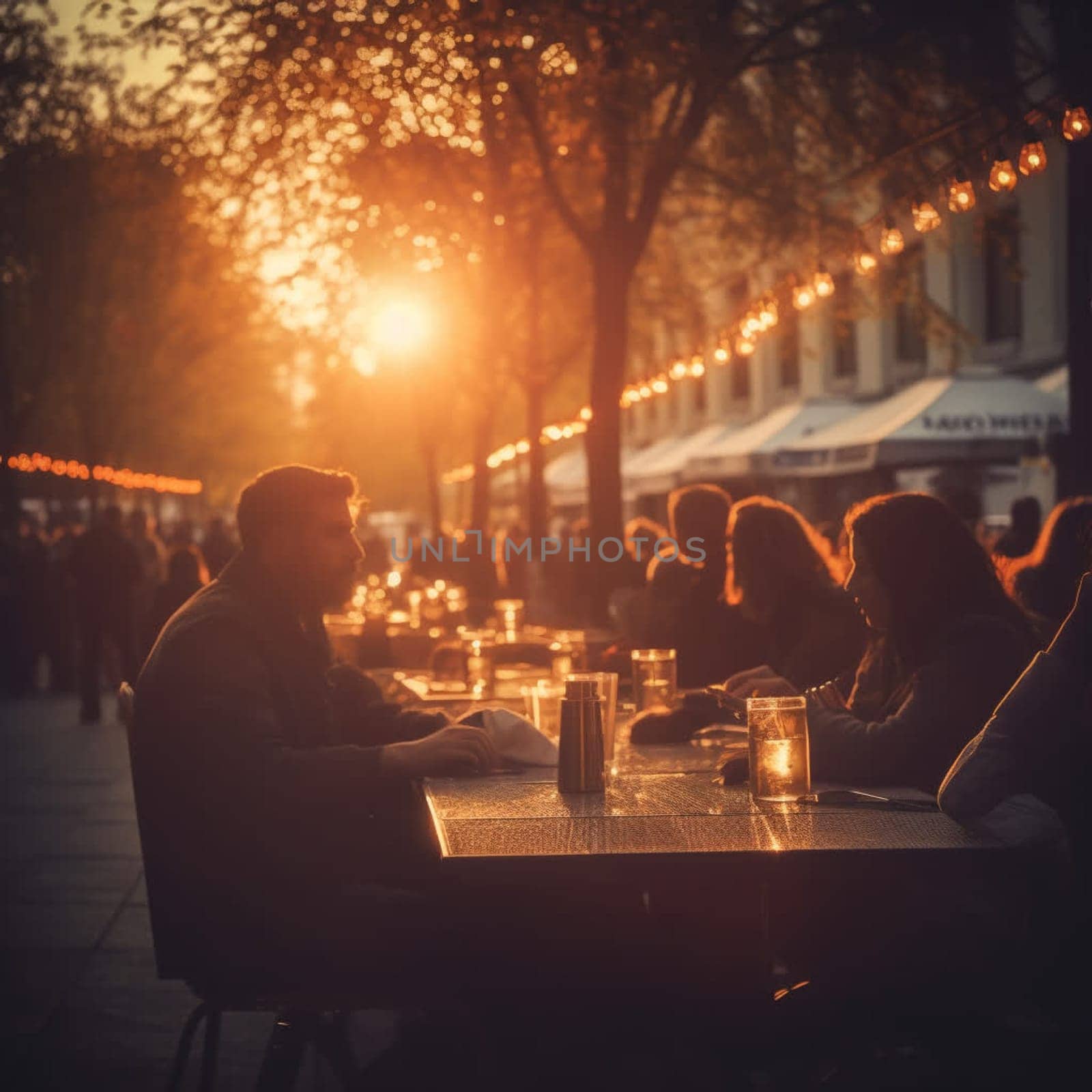 Blurred image of a street cafe or bar in the light of evening lights. In summer people sit at cafe tables by ekaterinabyuksel
