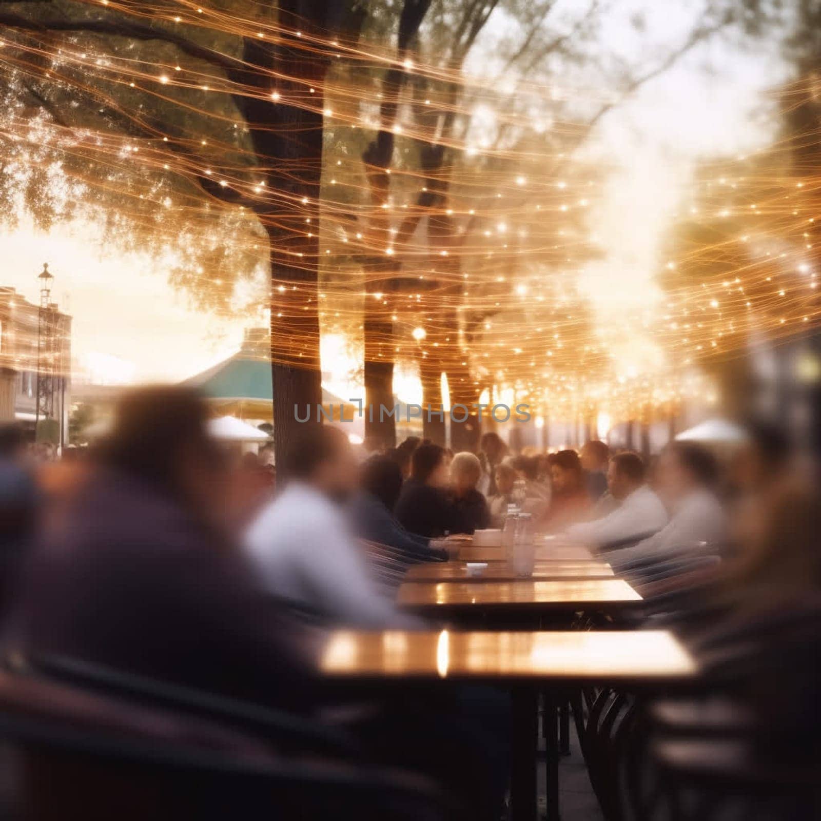 Blurred image of a street cafe or bar in the light of evening lights. In summer people sit at cafe tables.