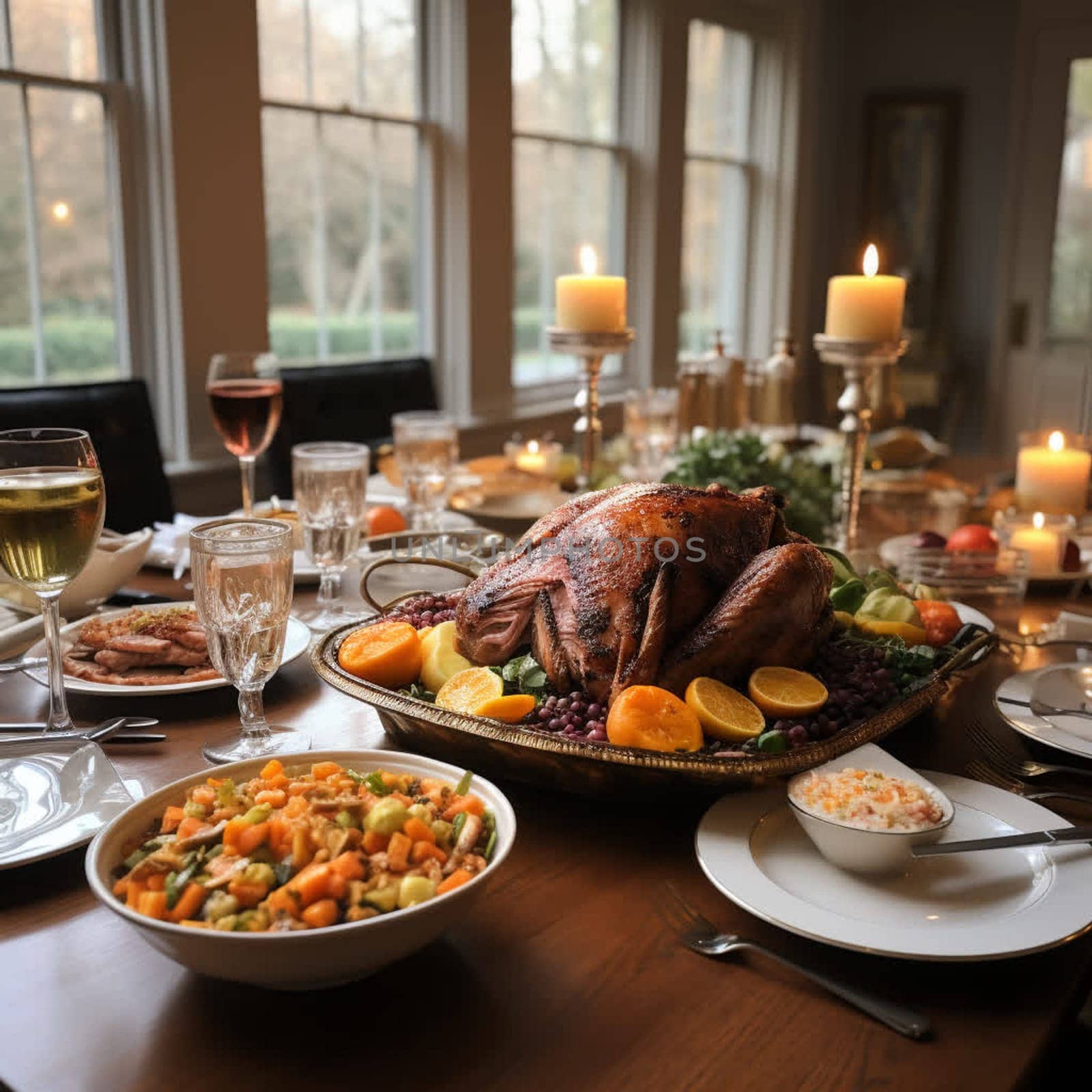 Thanksgiving dinner. A traditional roast turkey dish is on the table.