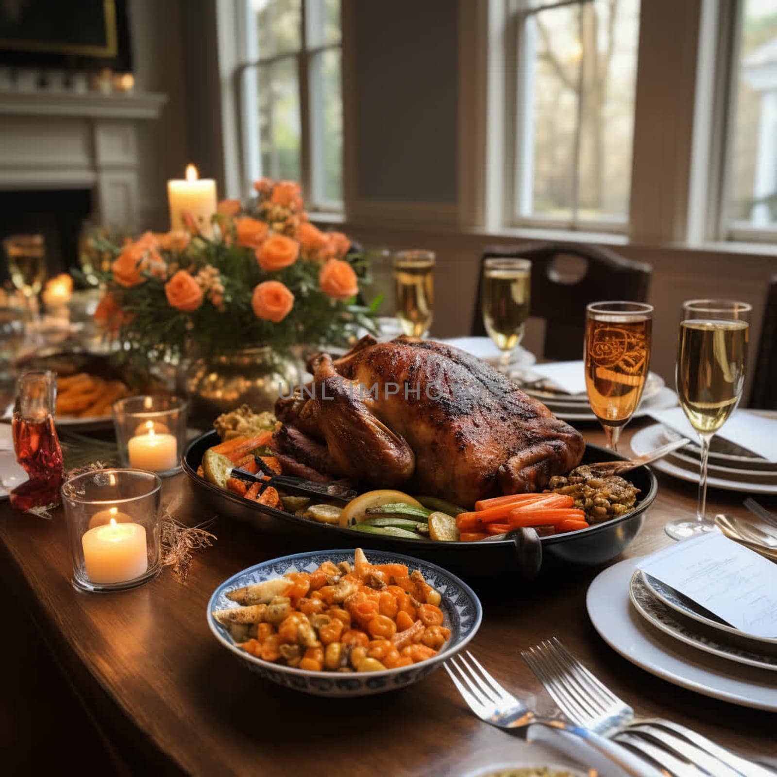 Thanksgiving dinner. A traditional roast turkey dish is on the table.