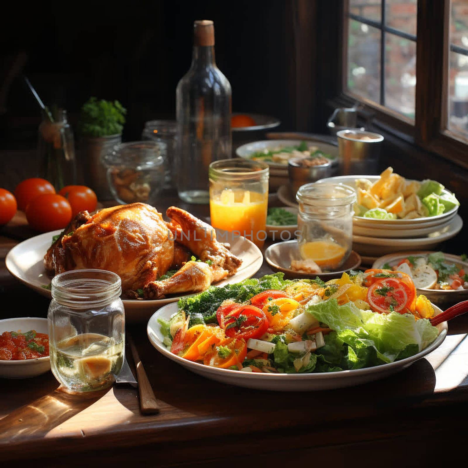 Thanksgiving dinner. A traditional roast turkey dish is on the table.