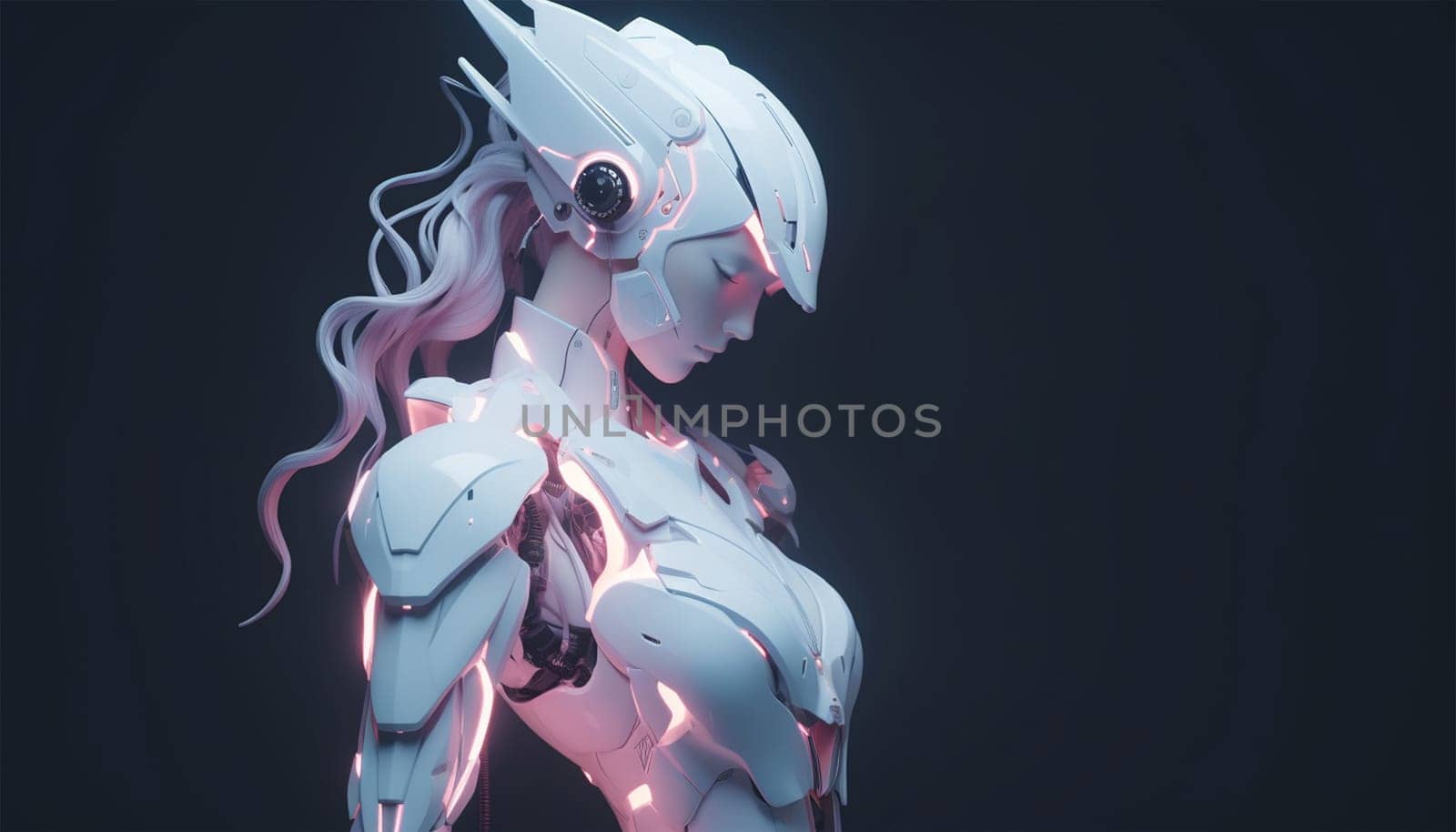 Futuristic cyborg robot neon. Smart city on head AI in image female cyborg or robot woman. Artificial intelligence, IOT technology,bionic in armor. neon light cyberpunk 3D design Space for text