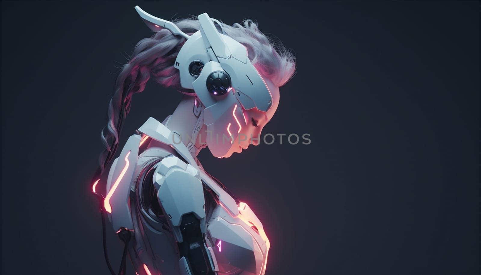 Futuristic cyborg robot neon. Smart city on head AI in image female cyborg or robot woman. Artificial intelligence, IOT technology,bionic in armor. neon light cyberpunk 3D design Space for text