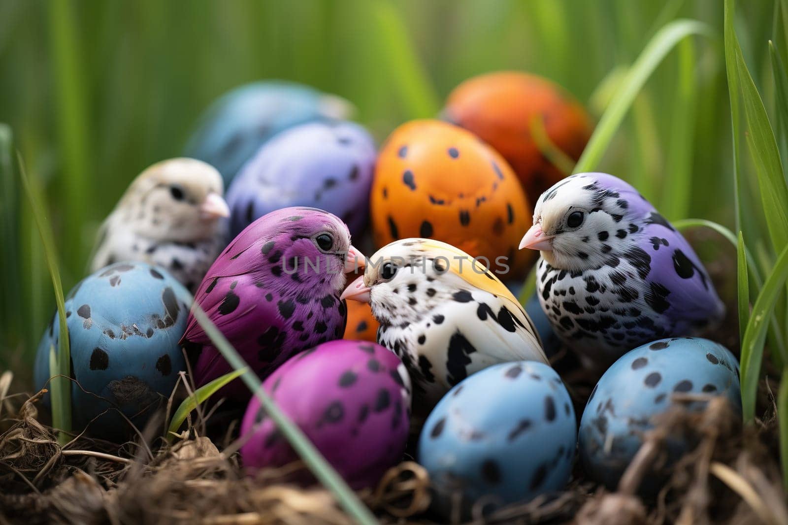 Colored quail eggs and chicks in a nest on green grass. Happy Easter.
