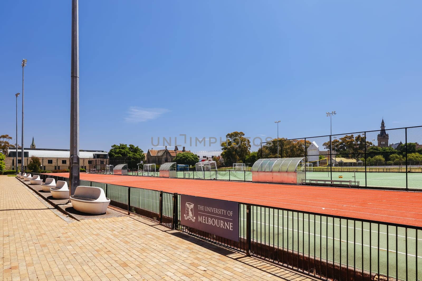 MELBOURNE, AUSTRALIA - NOVEMBER 19, 2023 - Sports fields and architectural details at Melbourne University parkville campus in Melbourne, Victoria, Australia
