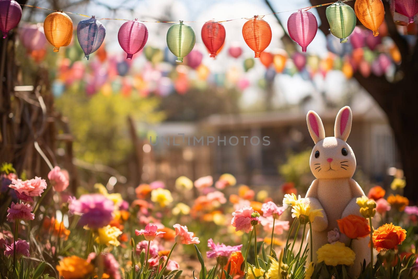 Easter nature background with white bunny in flowers and garland.