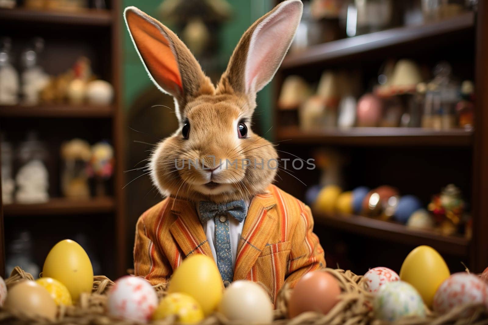 A gray bunny in a suit sells Easter eggs in a store.