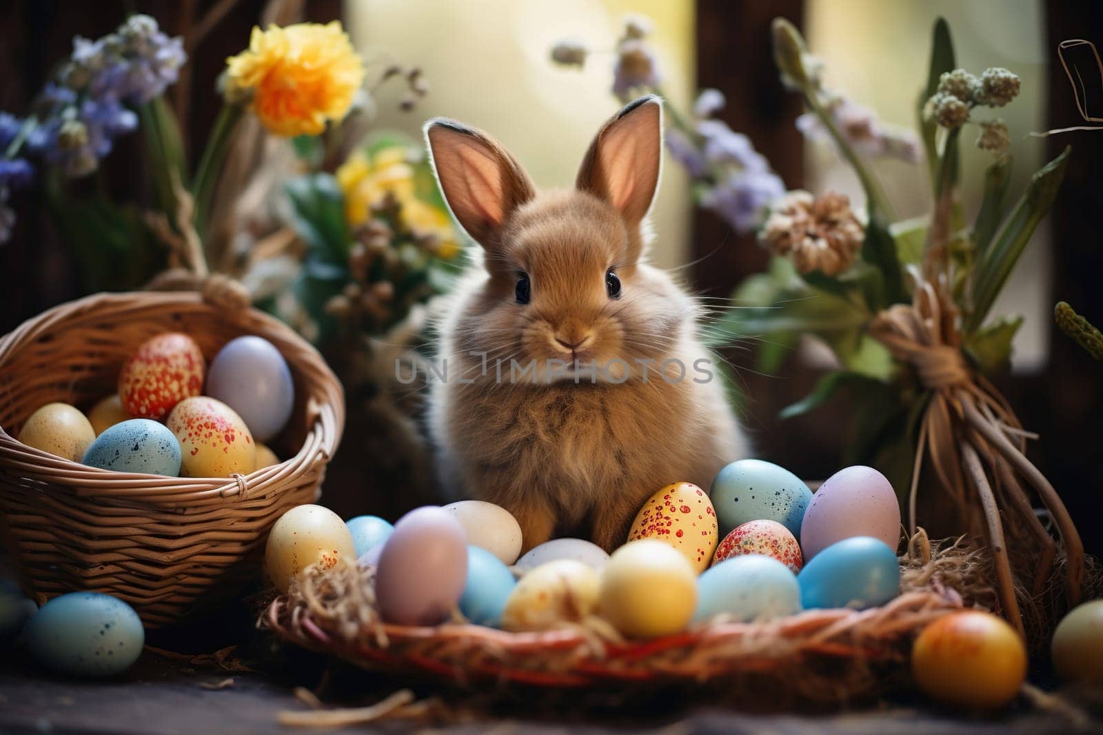 Easter background with bunny, colored eggs and flowers on a wooden table.