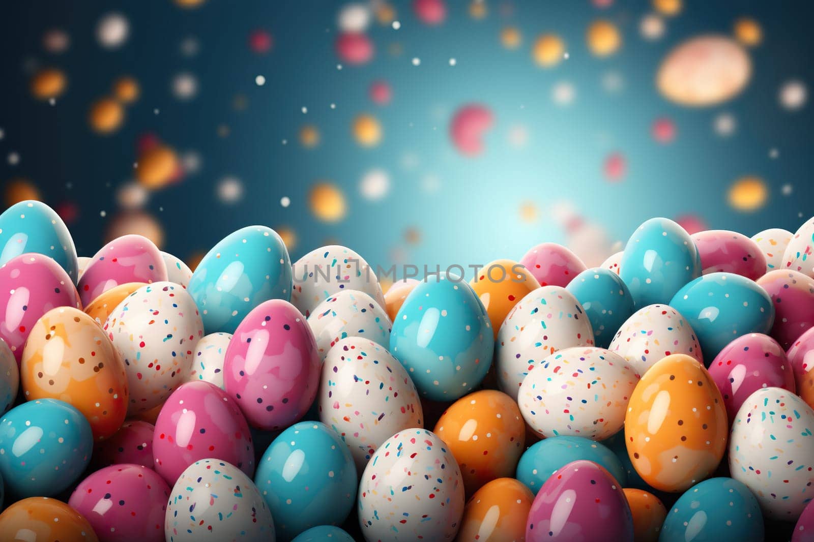 A bunch of colored Easter eggs on a blurred blue background. Generative AI by Vovmar