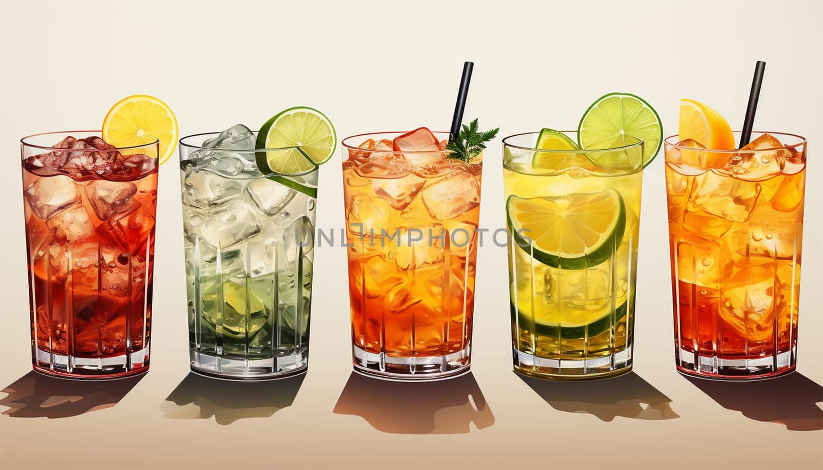 Row of various drinks on light background. Collection of various alcoholic cocktails drink glasses, icons set, different kind of mocktails colorful. Cocktail party concept celebration