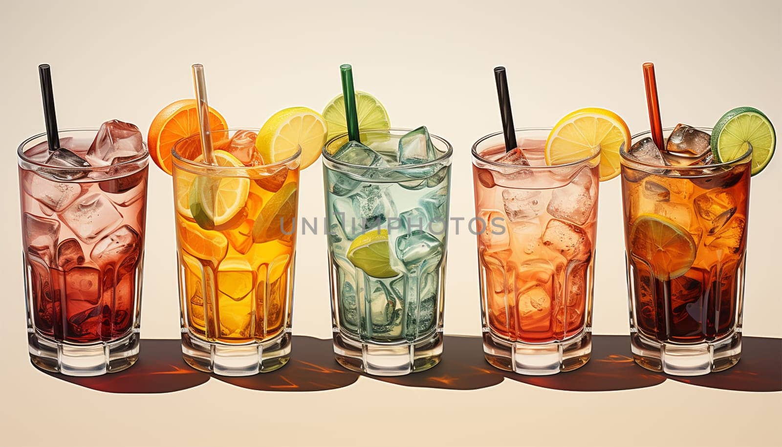 Row of various drinks on light background. Collection of various alcoholic cocktails drink glasses, icons set, different kind of mocktails colorful. Cocktail party concept celebration