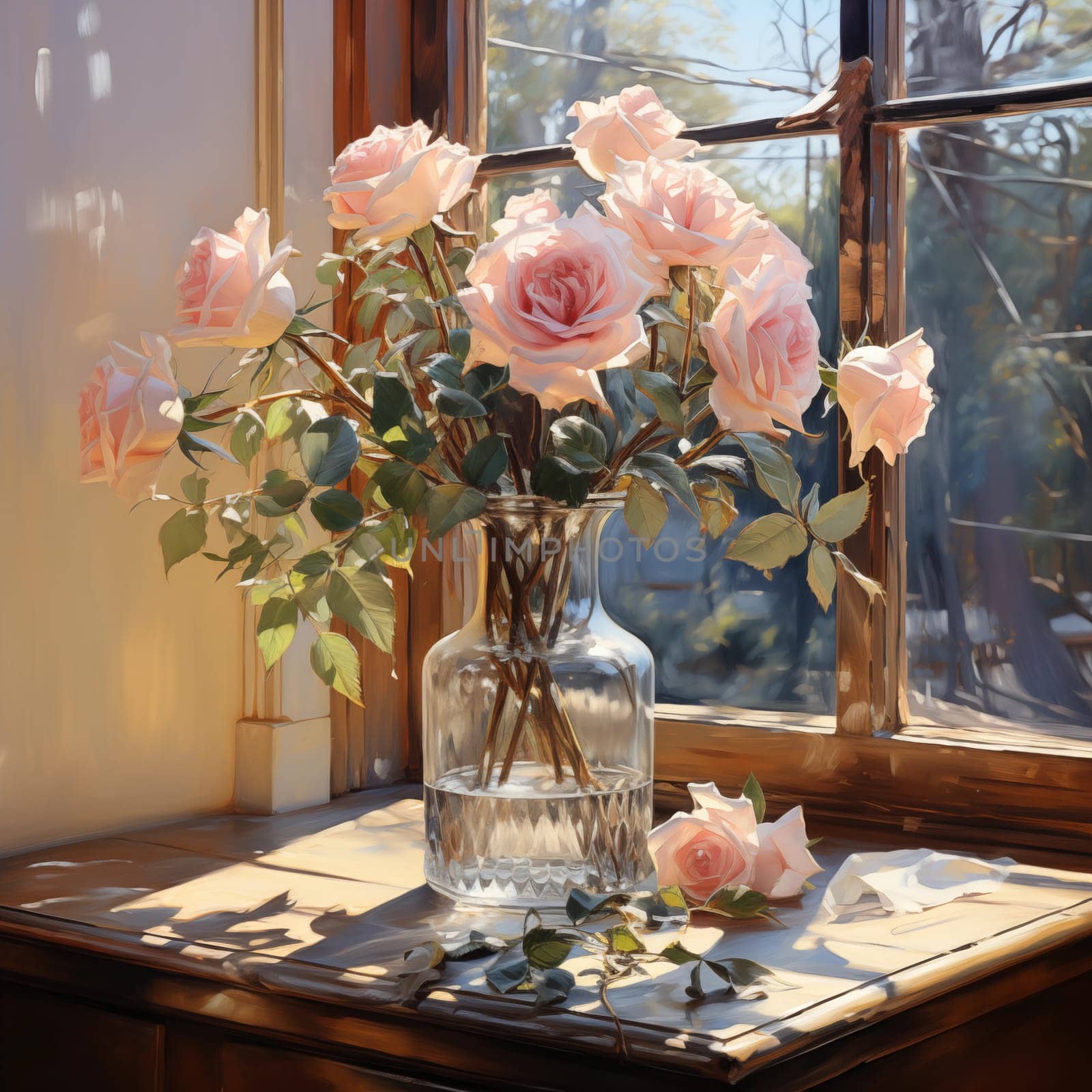 A bouquet of pink roses in a glass vase on a table near the window. by AnatoliiFoto