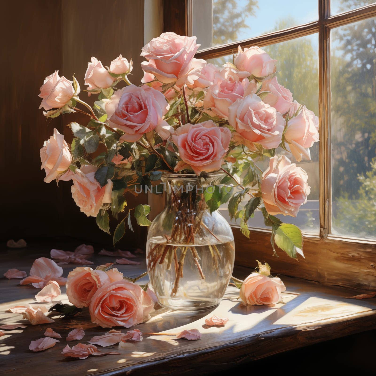 A bouquet of pink roses in a glass vase on a table near the window. Romantic gift. Illustration for cover, interior design. AI Generated.
