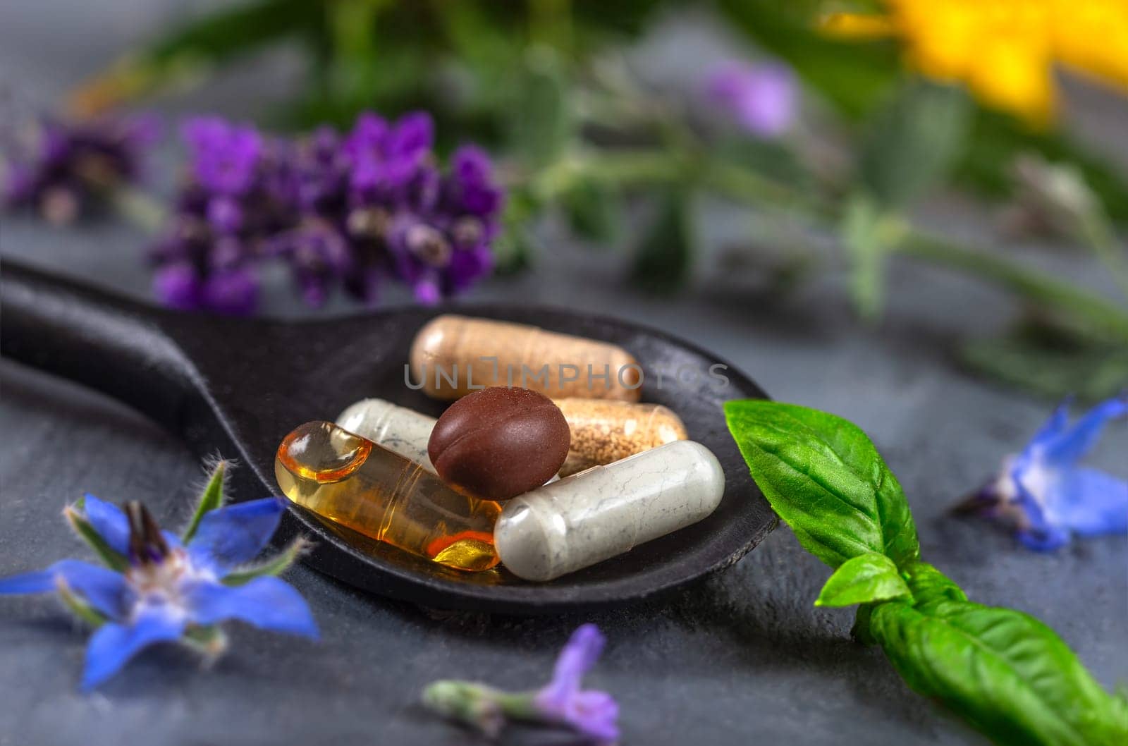 Holistic medicine approach. Healthy food eating, dietary supplements, healing herbs and flowers. lavender, spirulina powder in wooden spoons, fresh omega acid capsules. by JPC-PROD