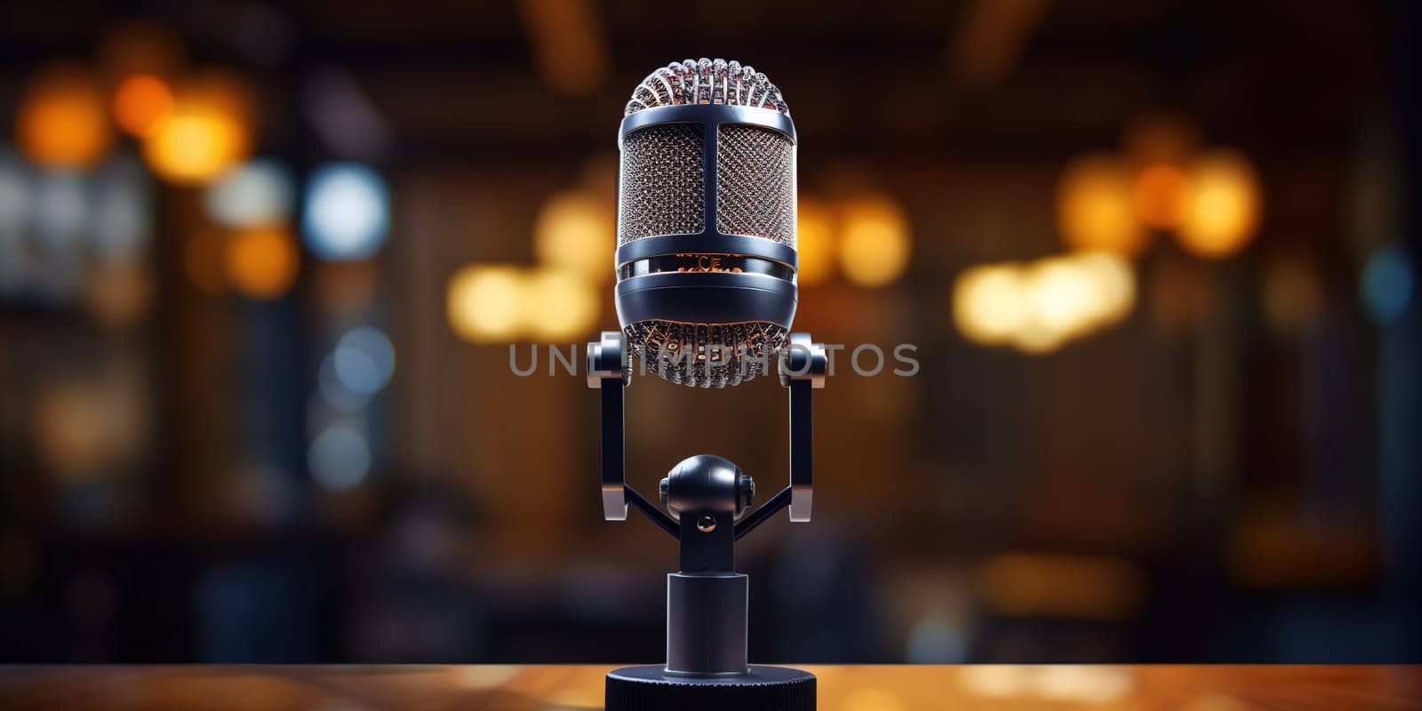 Detail to a podcast microphone in the professional recording audio studio