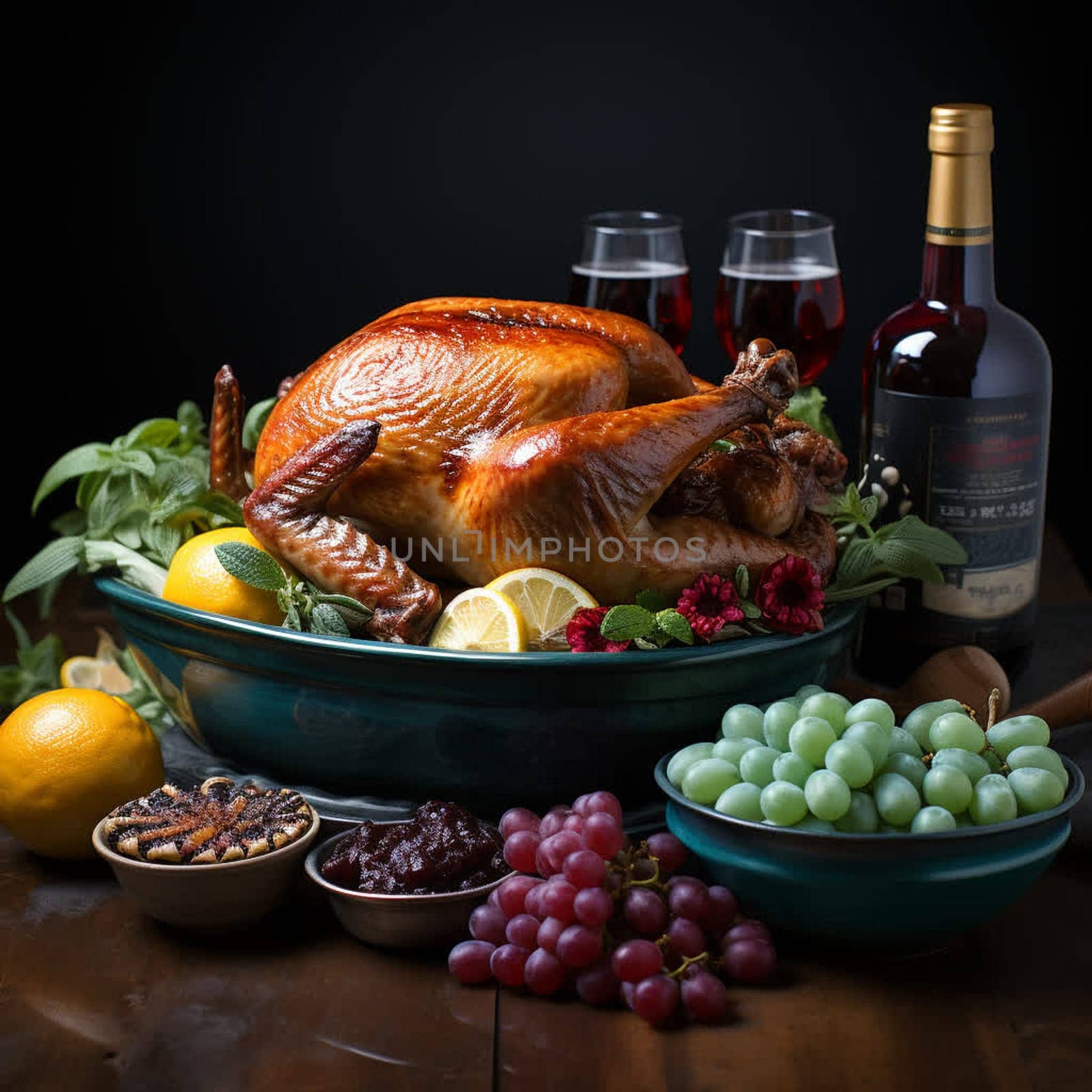 Thanksgiving dinner. A traditional roast turkey dish is on the table.