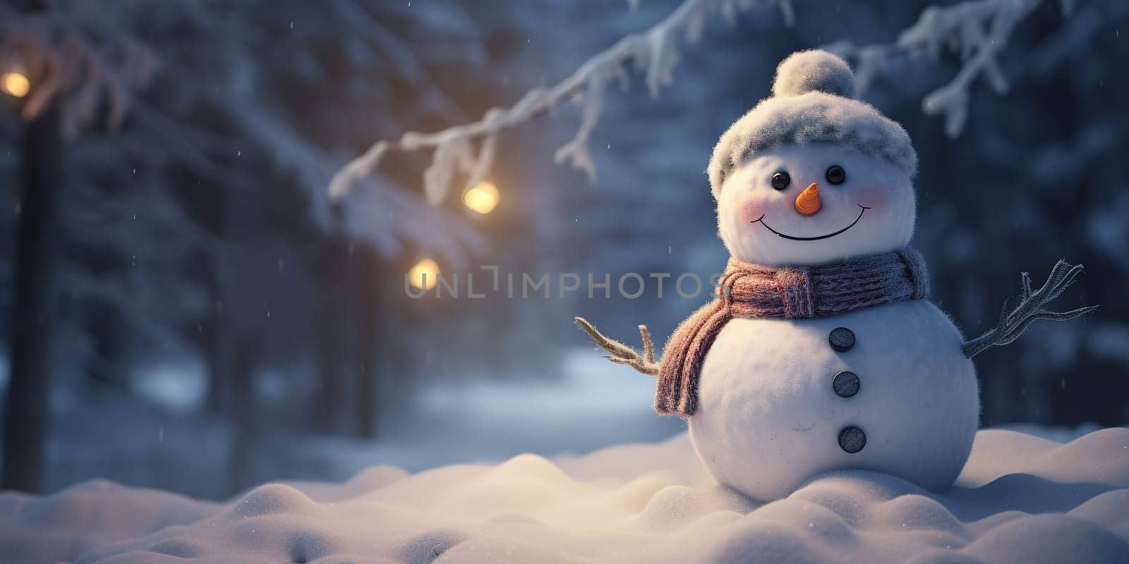 A smiling snowman outside during lovely winter time with lot of snow around