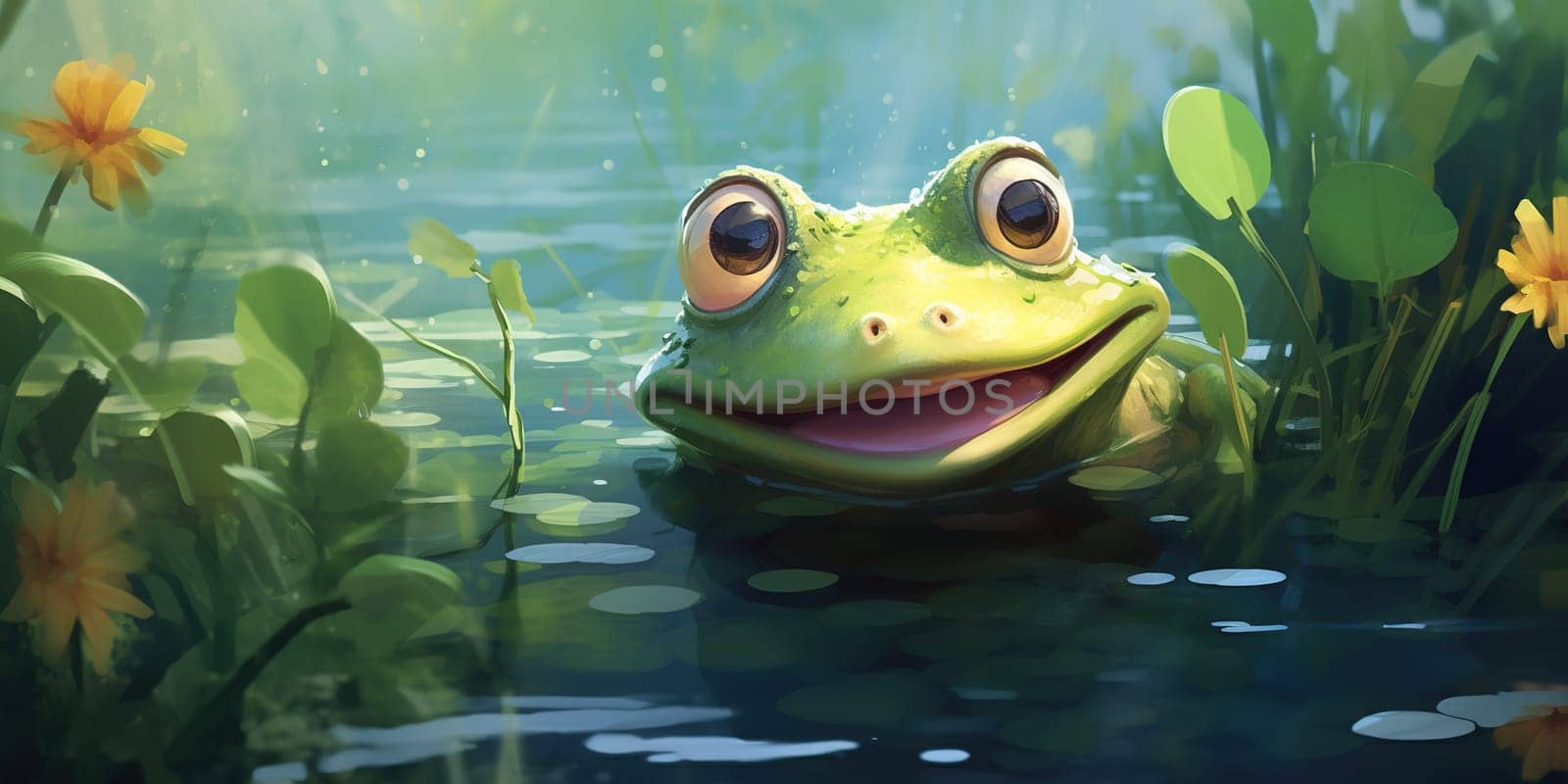 Portrait of smiling frog in the nature, tailless amphibian with a short squat body, moist smooth skin, and very long hind legs for leaping