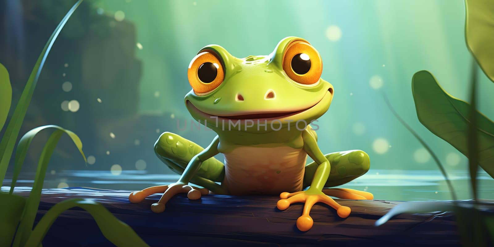 Portrait of smiling frog in the nature, tailless amphibian with a short squat body, moist smooth skin, and very long hind legs for leaping