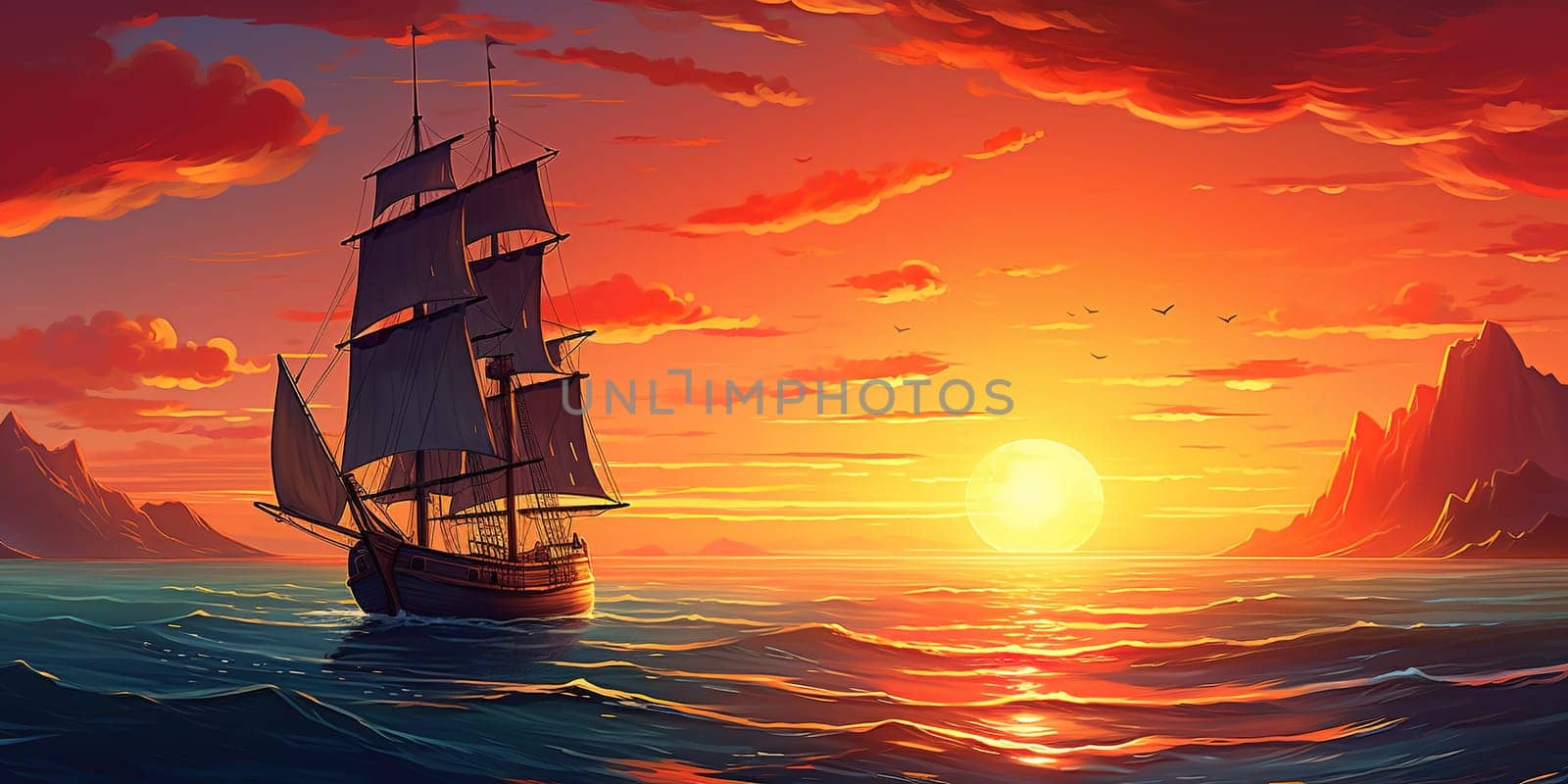 Yacht at sea during lovely summer sunset, sailing at sea by Kadula