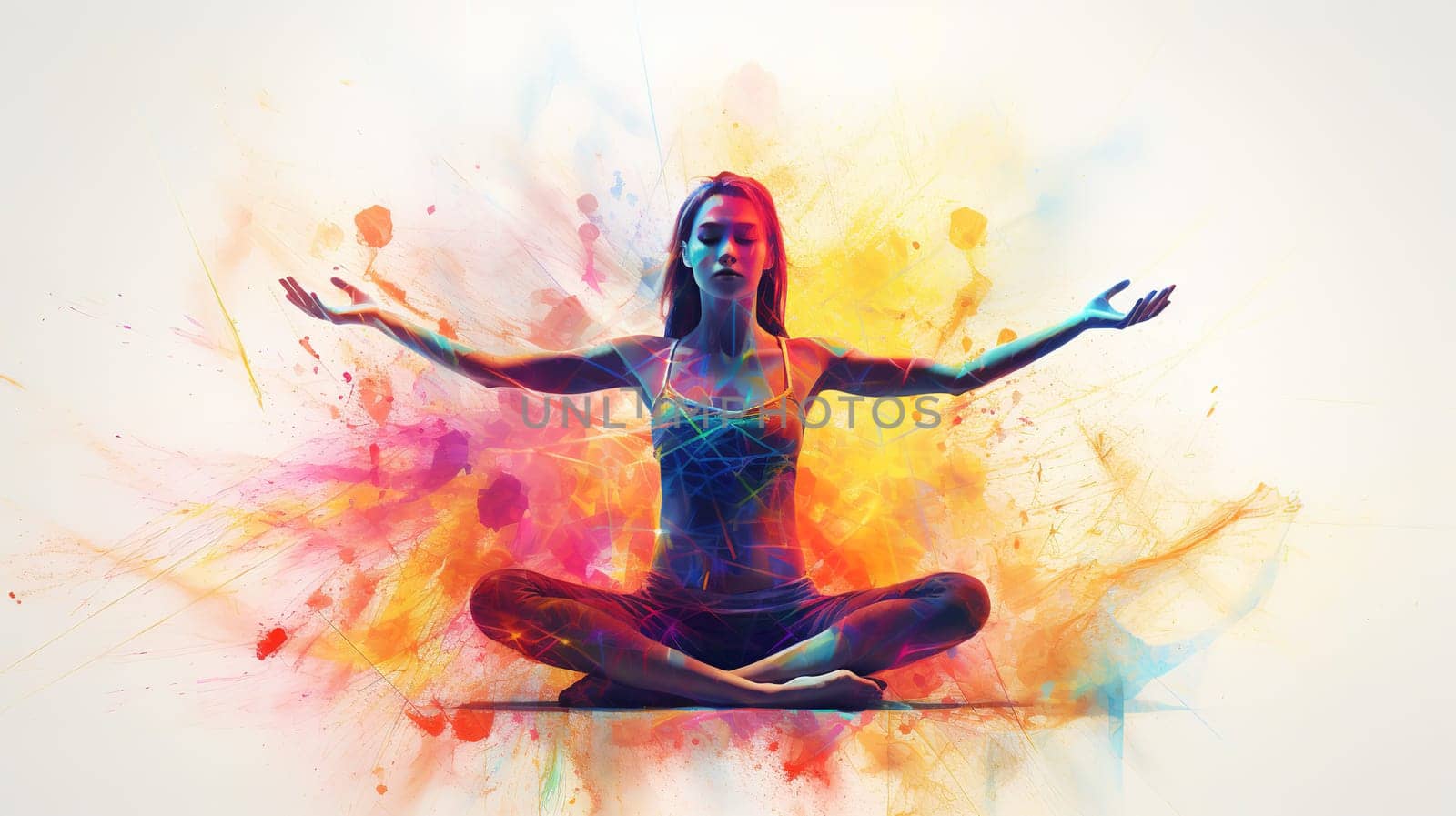 Young woman meditation during yoga training with an abstract effects around, healthy lifestyle concept