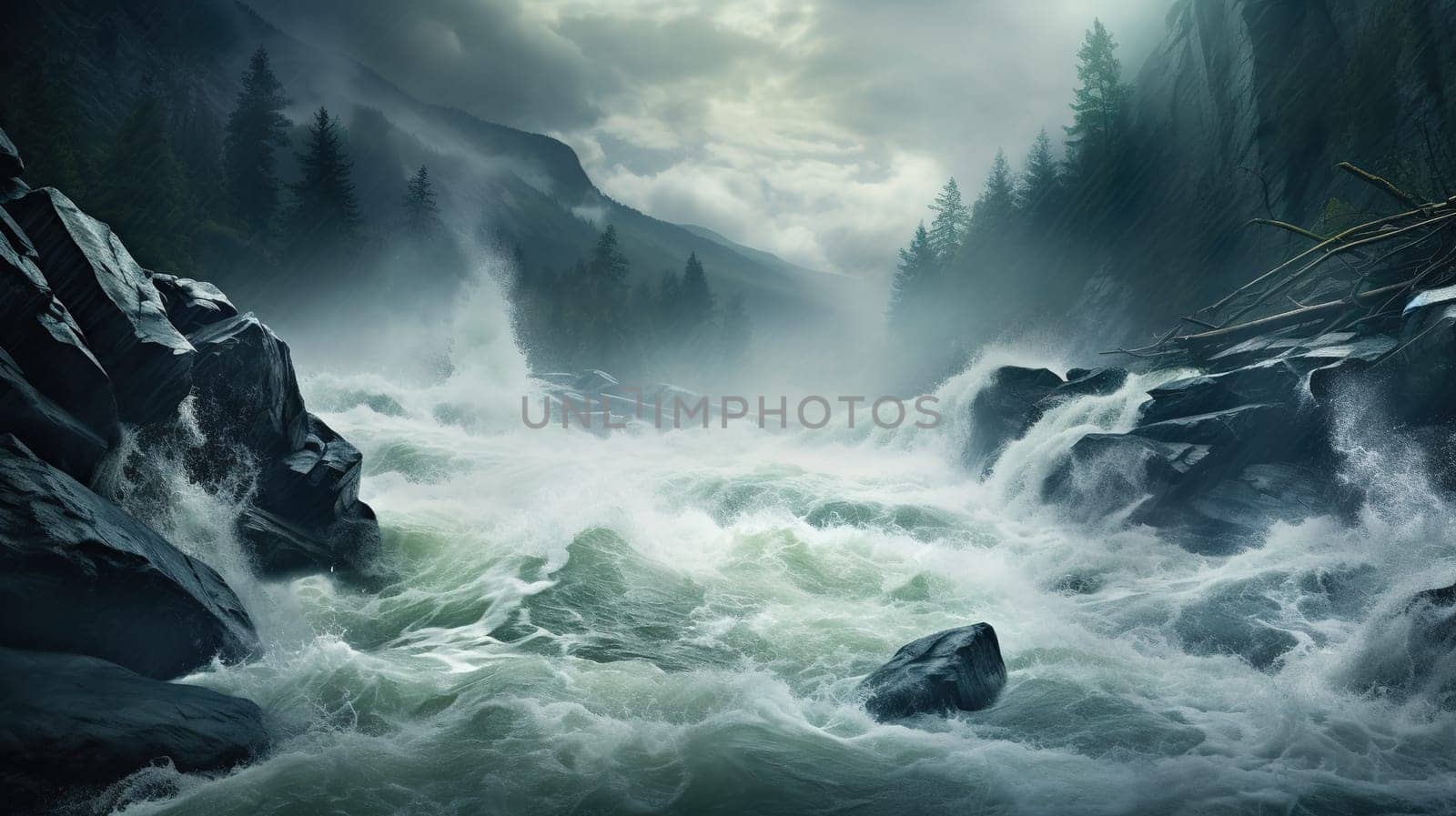 Turbulent river in the wild nature, a large natural stream of water flowing in a channel to the sea, a lake, or another such stream by Kadula