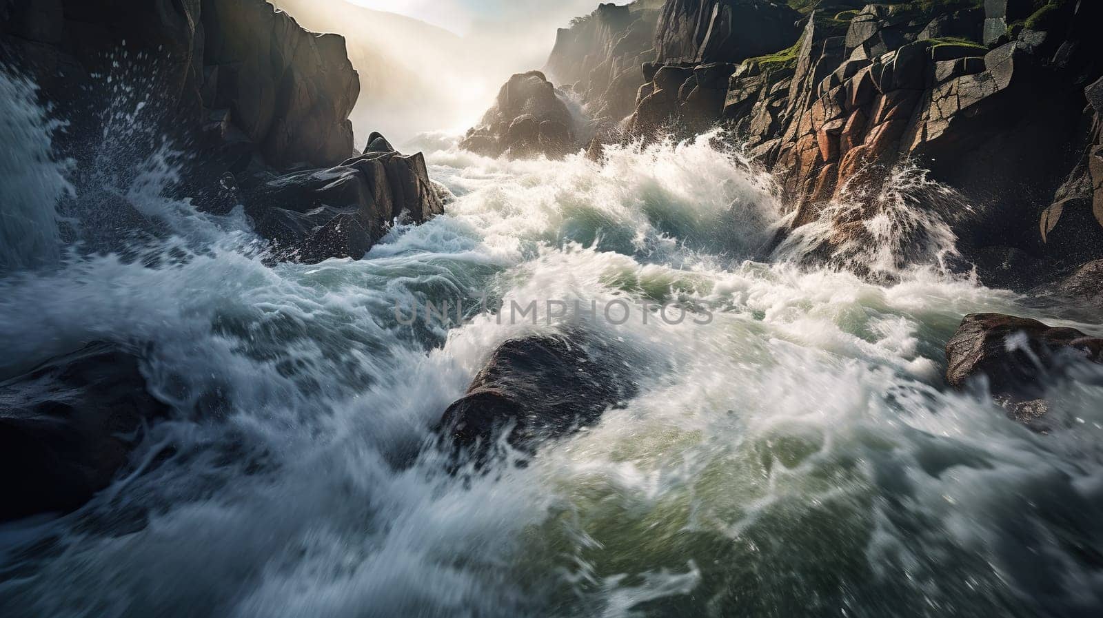 Turbulent river in the wild nature, a large natural stream of water flowing in a channel to the sea, a lake, or another such stream by Kadula