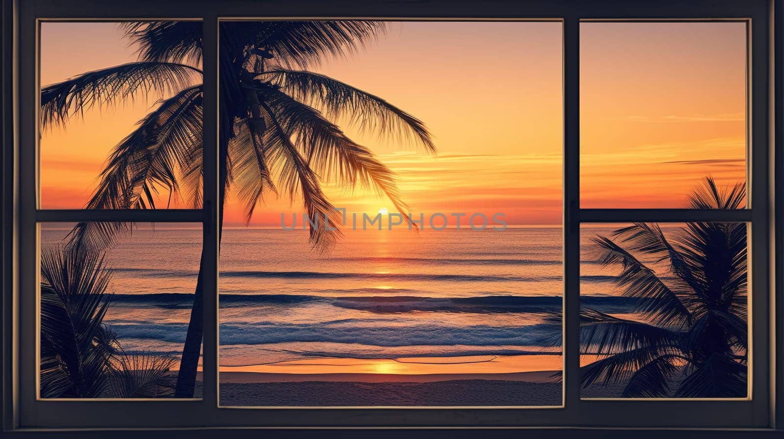 View from the window to the beach with sea and palms during lovely summer sunset by Kadula
