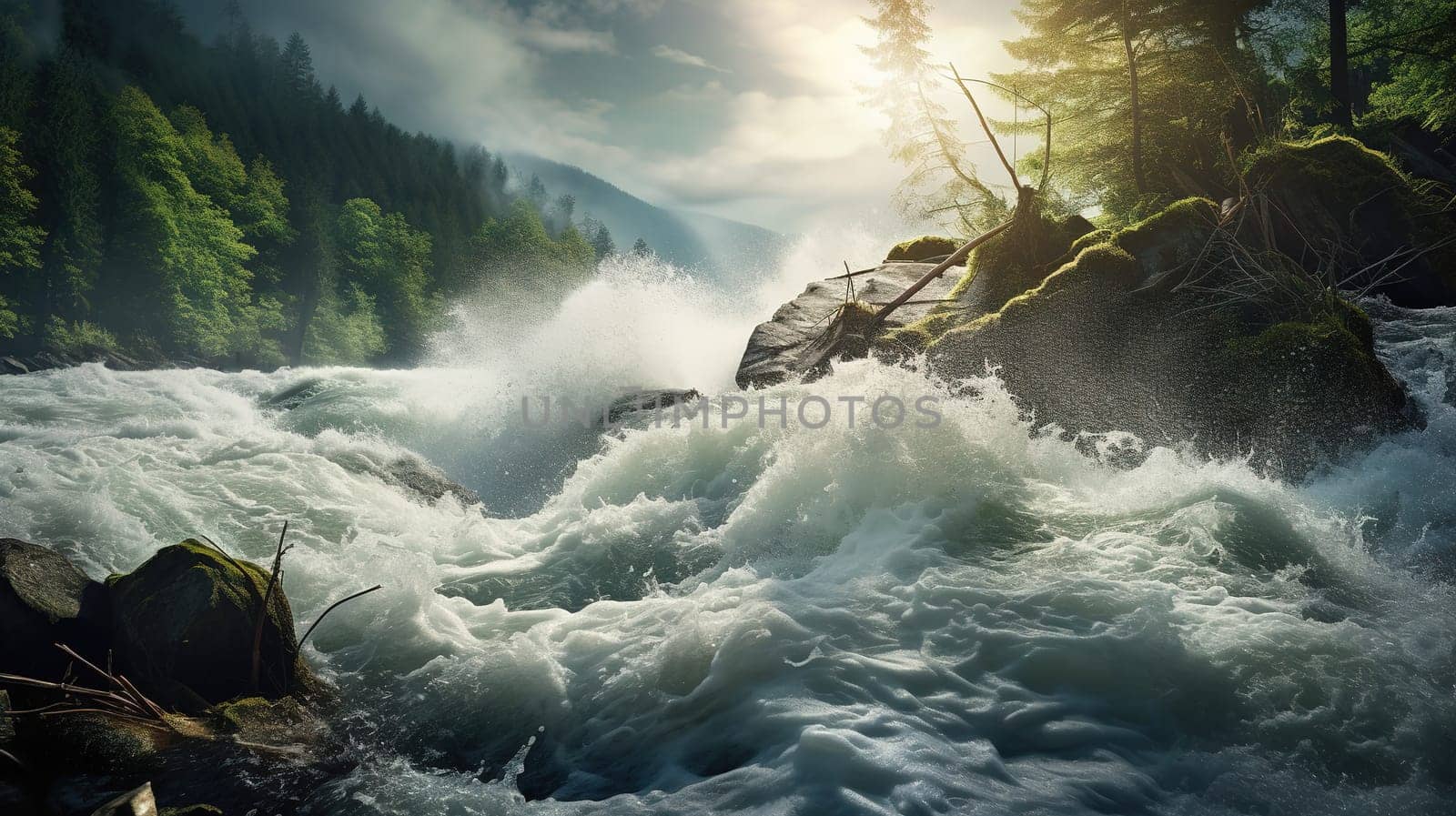 Turbulent river in the wild nature, a large natural stream of water flowing in a channel to the sea, a lake, or another such stream by Kadula