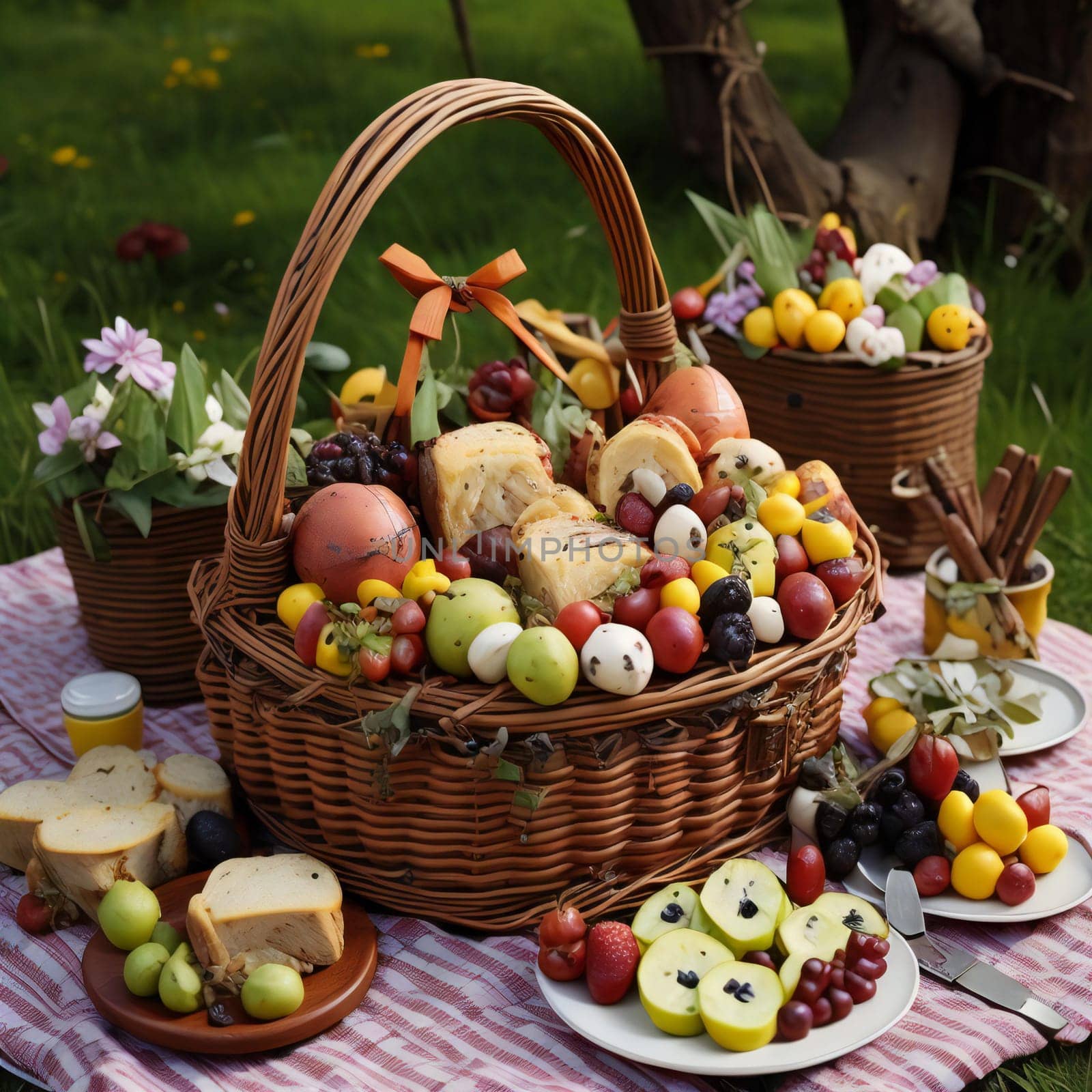 picnic basket with fruit and bread on the grass in the garden. generative ai