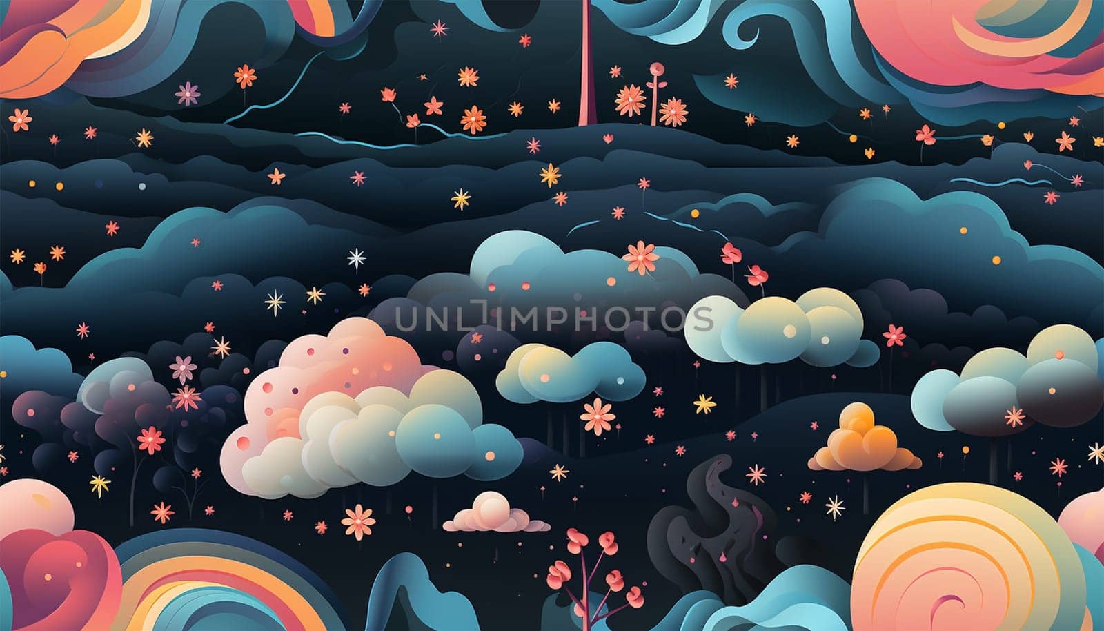 Unicorn design pattern landscape fantasy. Seamless kids princess style and unicorn illustration background pattern pastel