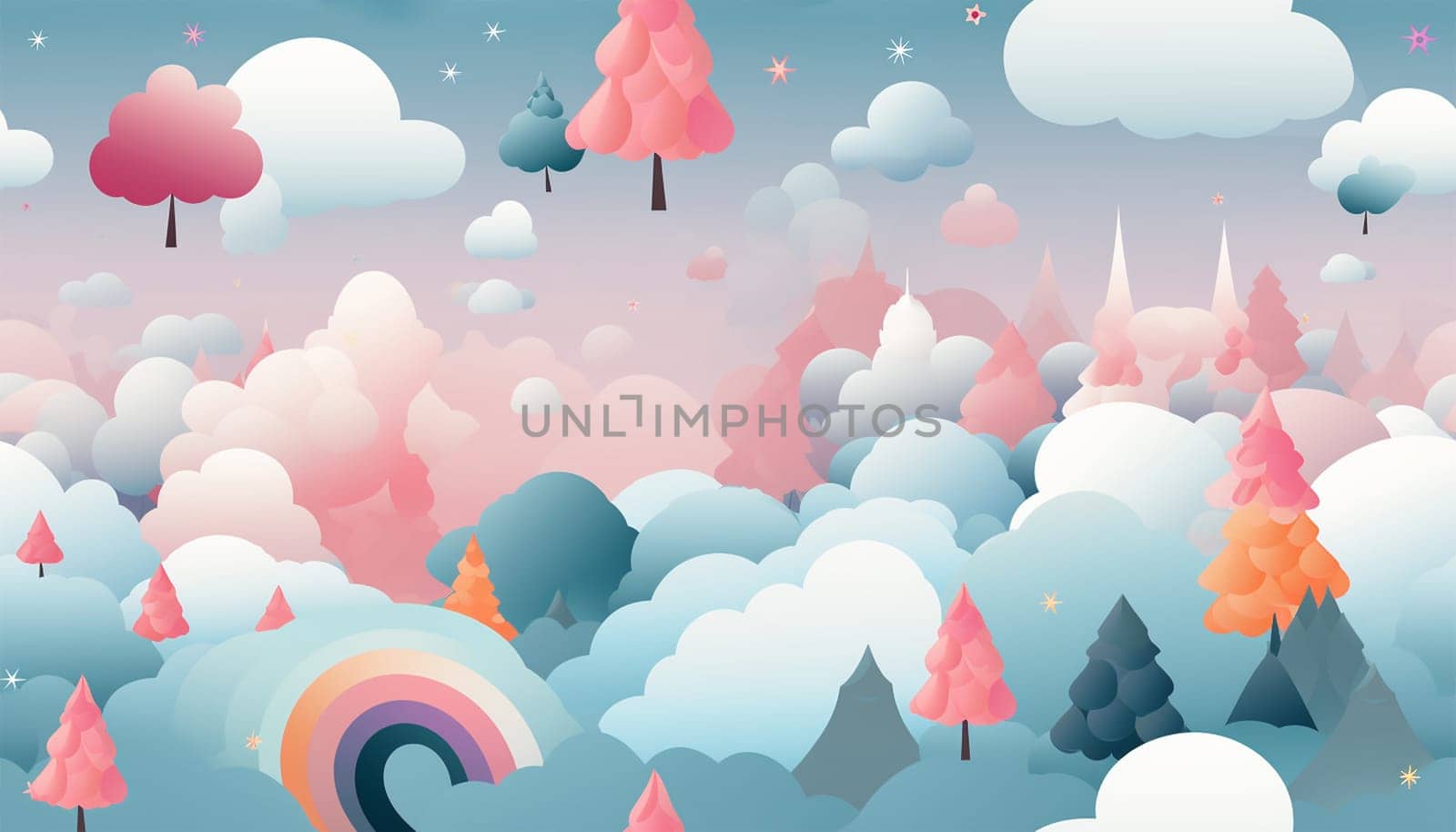 Unicorn design pattern landscape fantasy. Seamless kids princess style and unicorn illustration background pattern by Annebel146