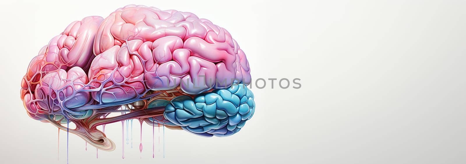 Colorful human brain on white background. Left right human brain concept. Creative part and logic part with social and business doodle watercolor design copy space. Concept human thinking Space for text