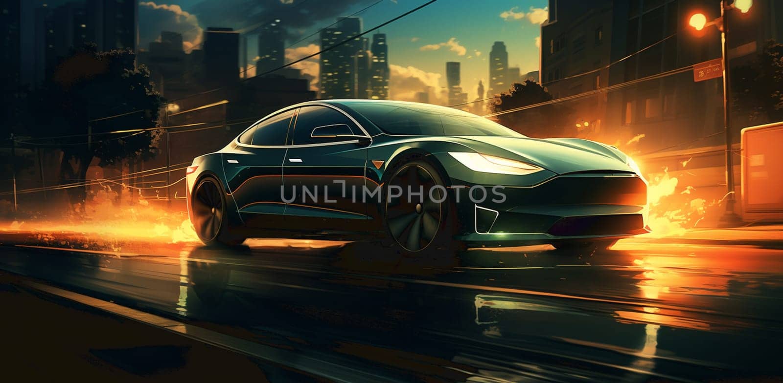 Watercolor painting of cool cyberpunk futuristic green sports car, fantasy art. by Andelov13