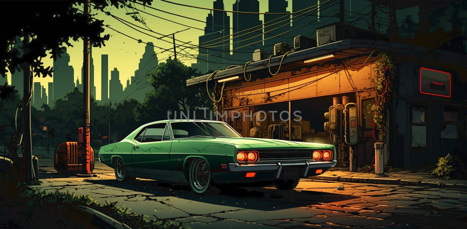 Illustration of muscle car on the night street by Andelov13