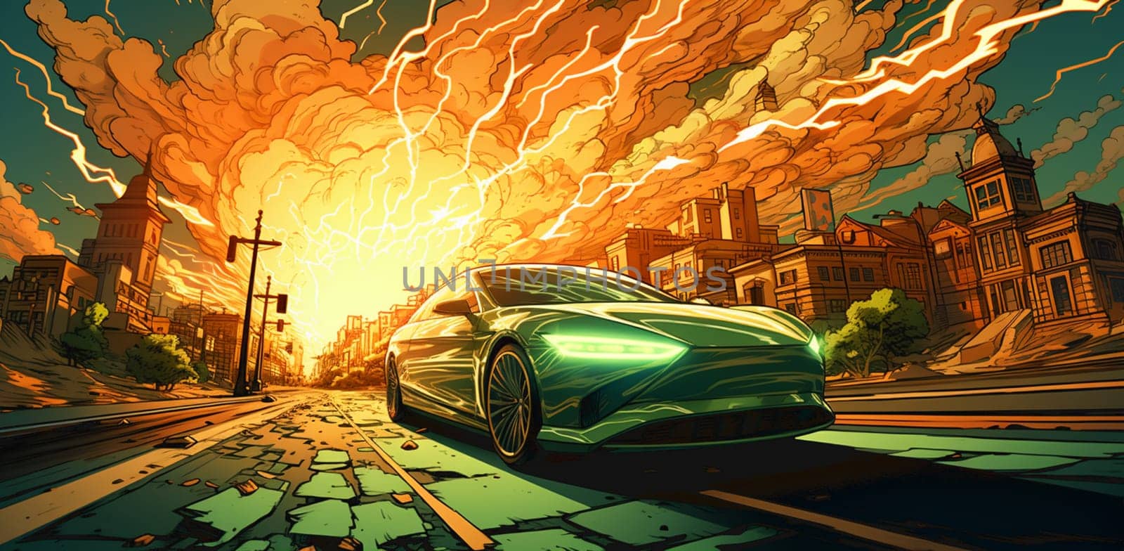 Illustration of muscle car on the night street by Andelov13